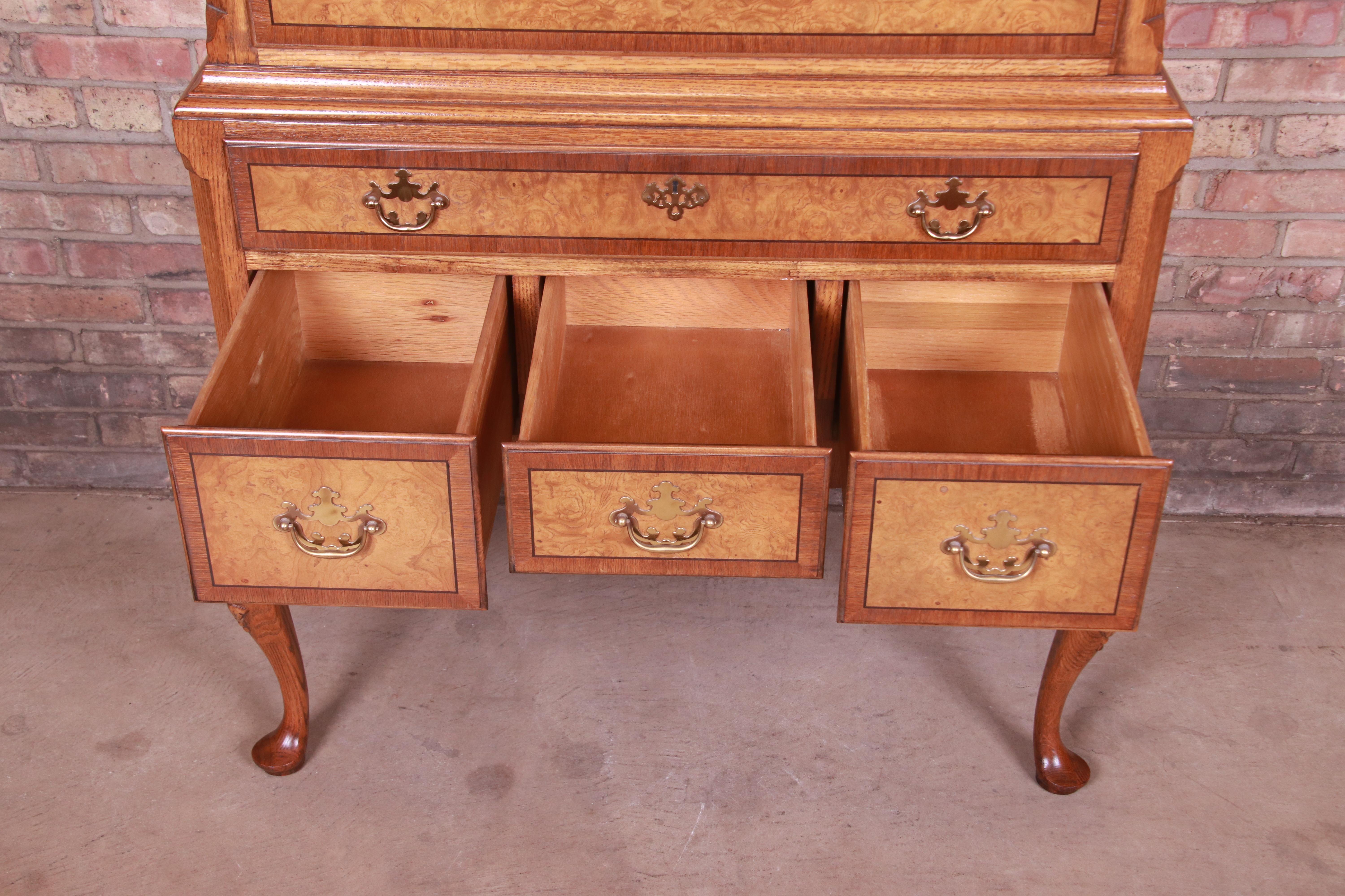 20th Century Baker Furniture Queen Anne Oak and Burl Wood Highboy Dresser Chest