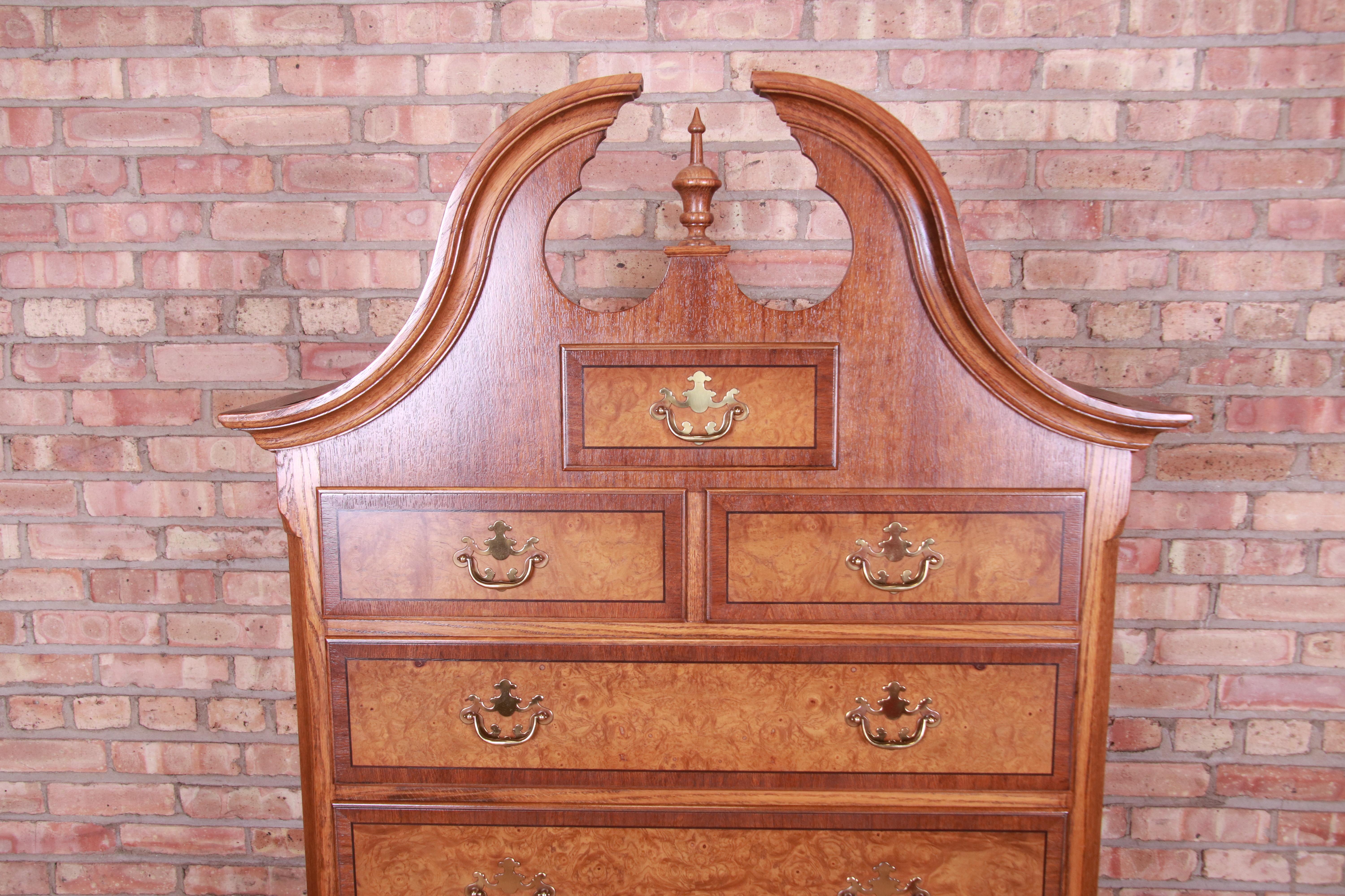 Brass Baker Furniture Queen Anne Oak and Burl Wood Highboy Dresser Chest