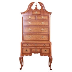 Baker Furniture Queen Anne Oak and Burl Wood Highboy Dresser Chest