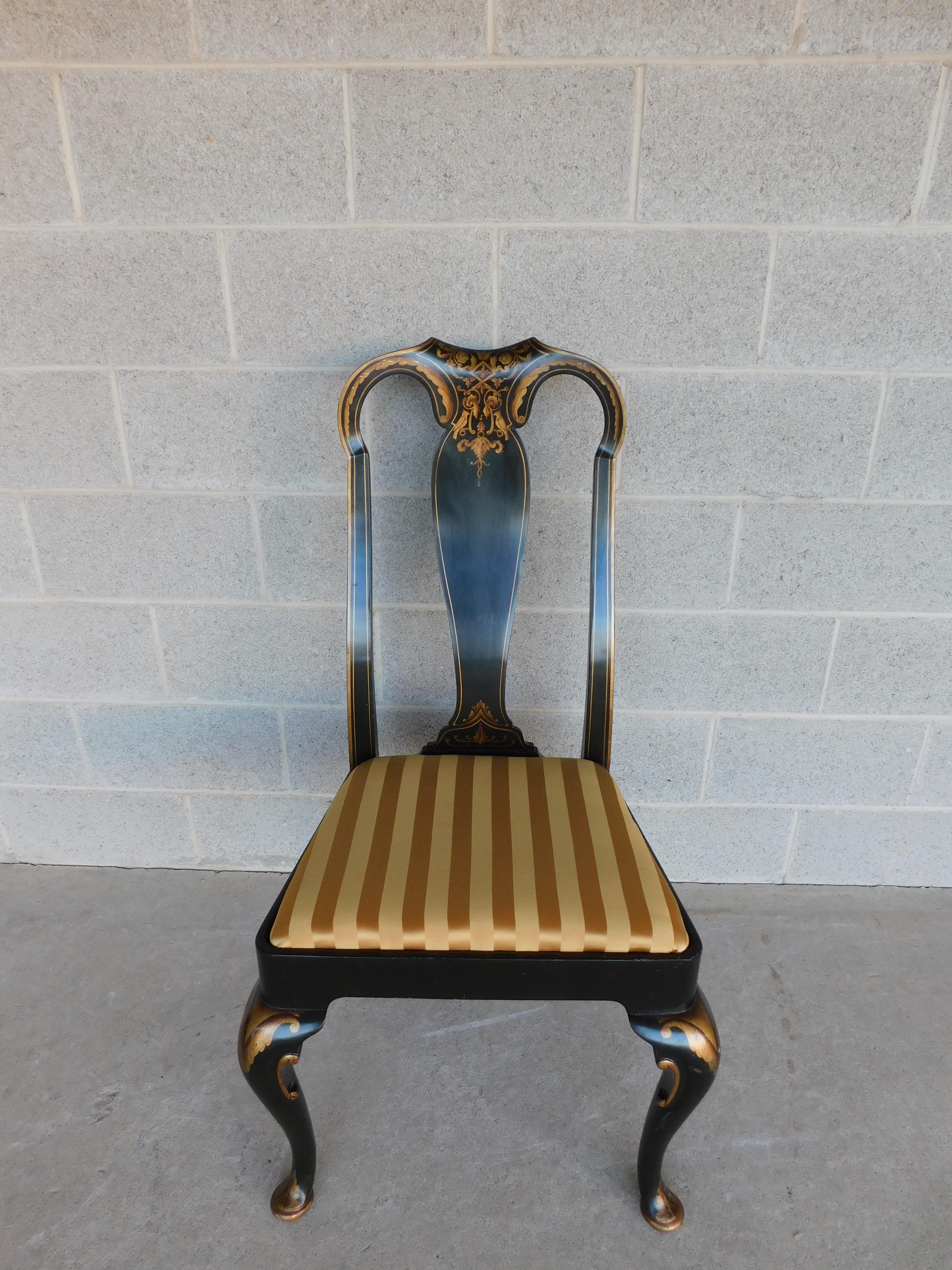 Features fine quality construction, Gilt Gold Ornate Painted Flower and Bird Motif, Dark Green Primary Color, Striped Gold Seat Upholstery.
Approx 30 years old.

Good Vintage Condition, See photos - Normal Wear associated with Antique and Vintage