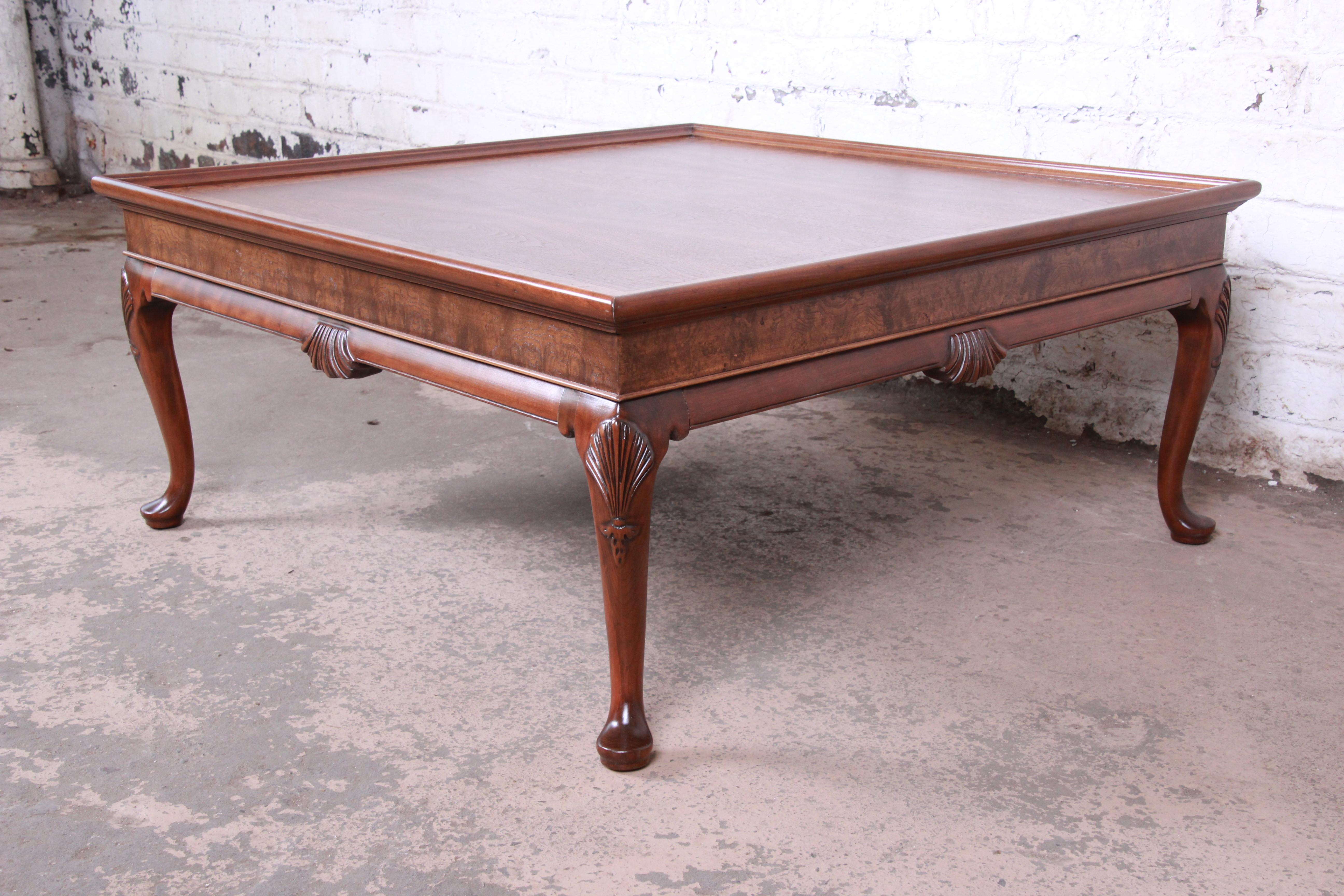 American Baker Furniture Queen Anne Walnut and Burl Large Coffee Table, Newly Refinished