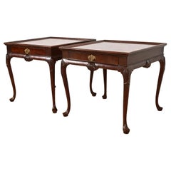 Baker Furniture Queen Anne Walnut and Burl Wood Nightstands or End Tables, Pair