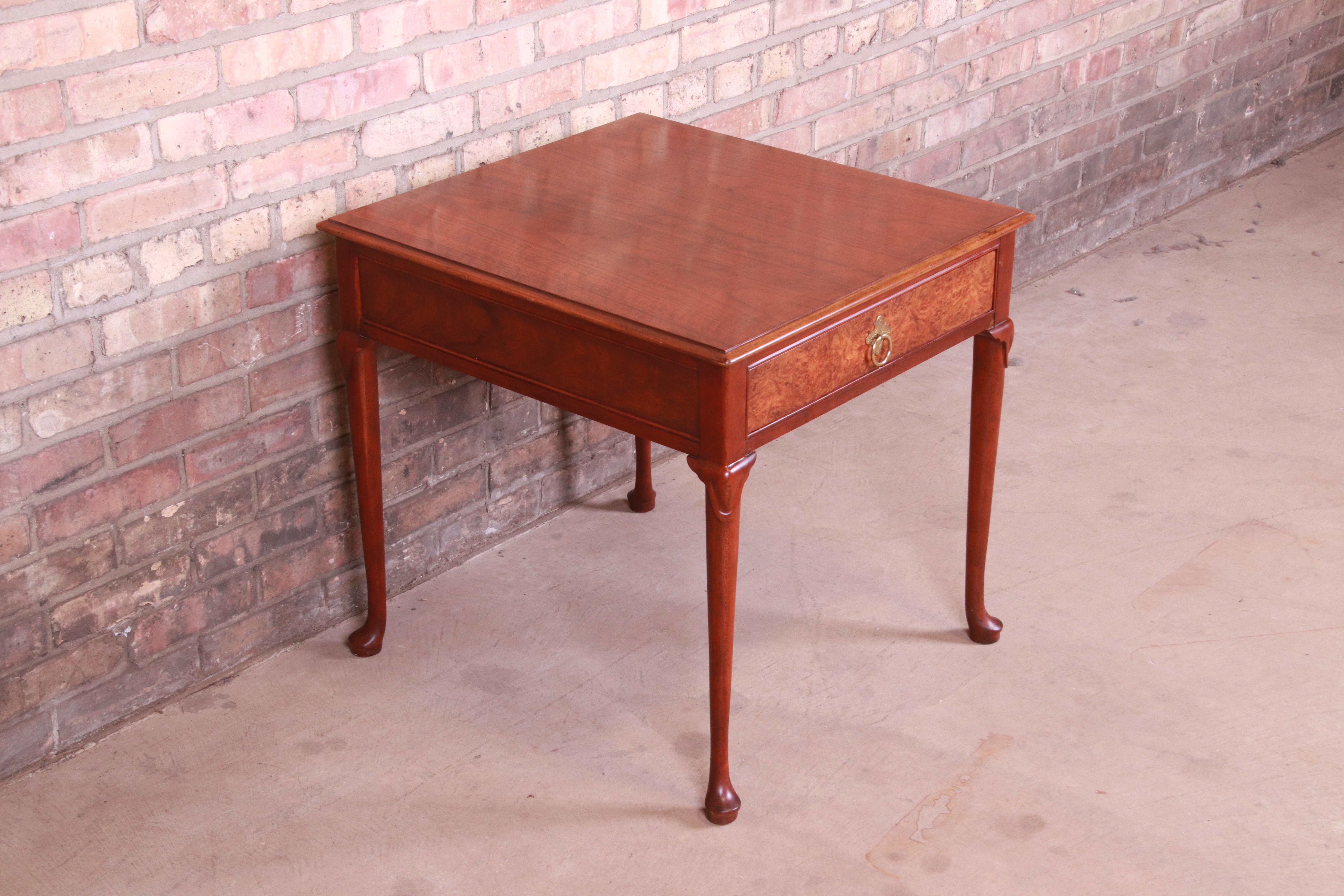 20th Century Baker Furniture Queen Anne Walnut and Burl Wood Tea Table For Sale