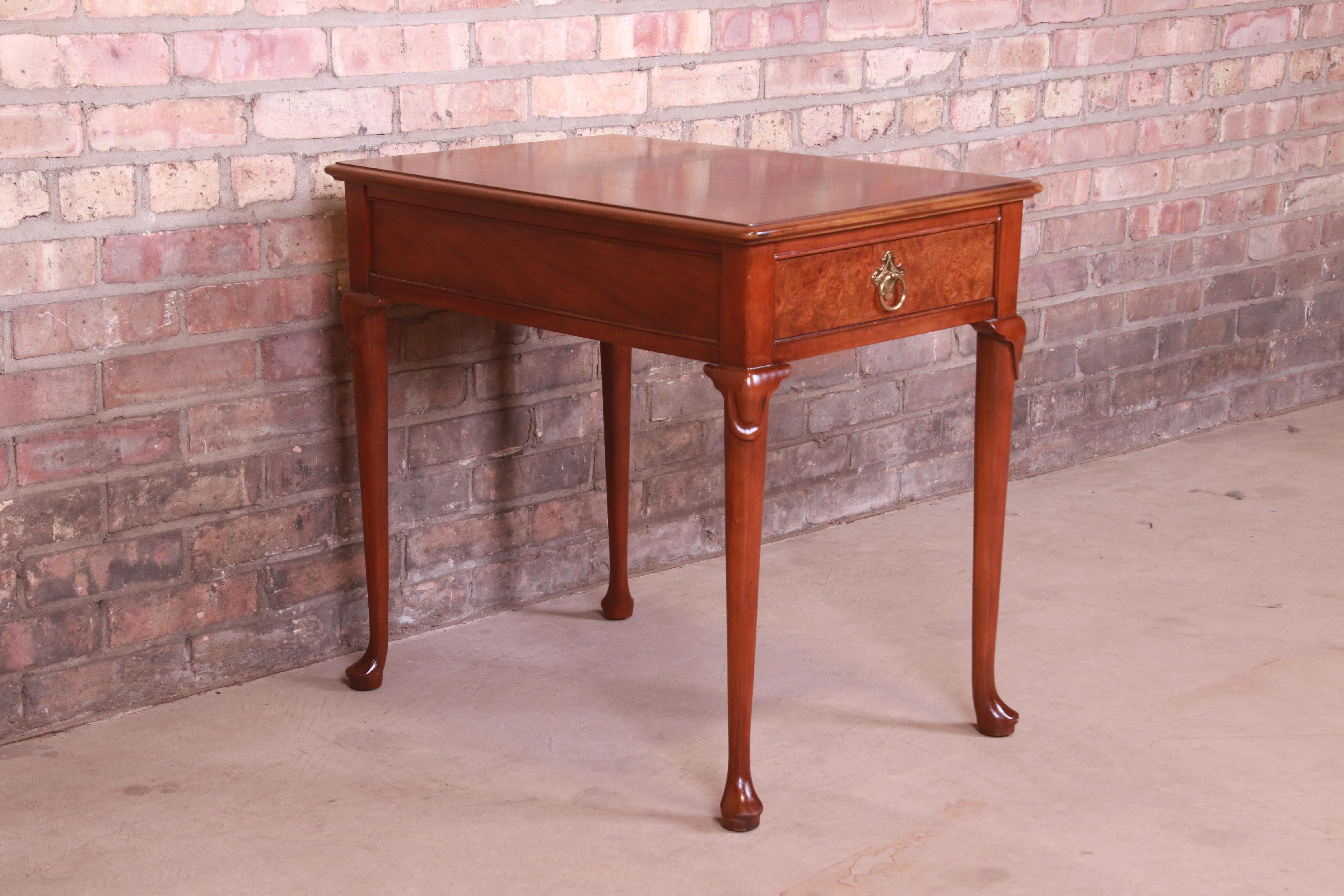 Brass Baker Furniture Queen Anne Walnut and Burl Wood Tea Table