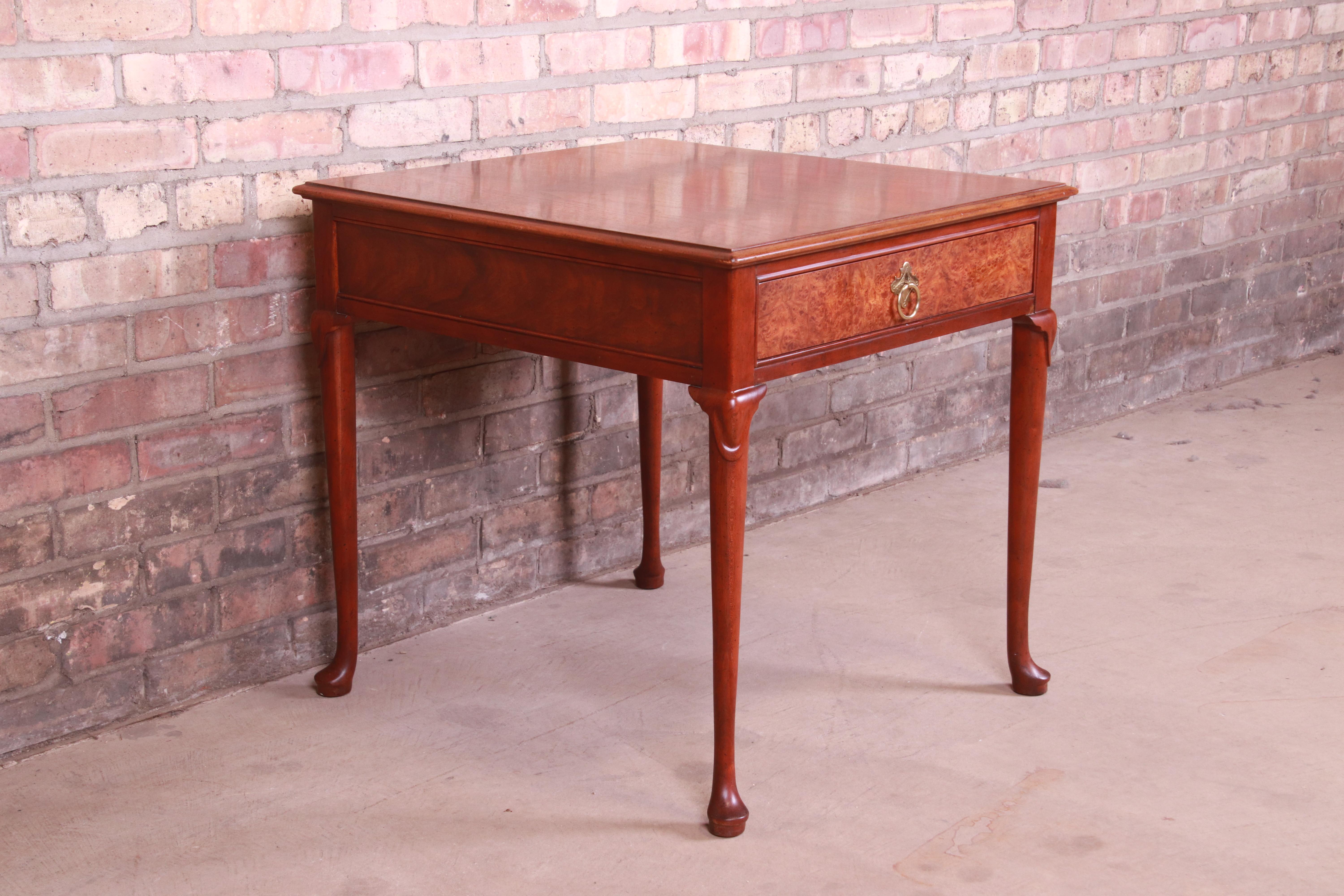 Brass Baker Furniture Queen Anne Walnut and Burl Wood Tea Table For Sale