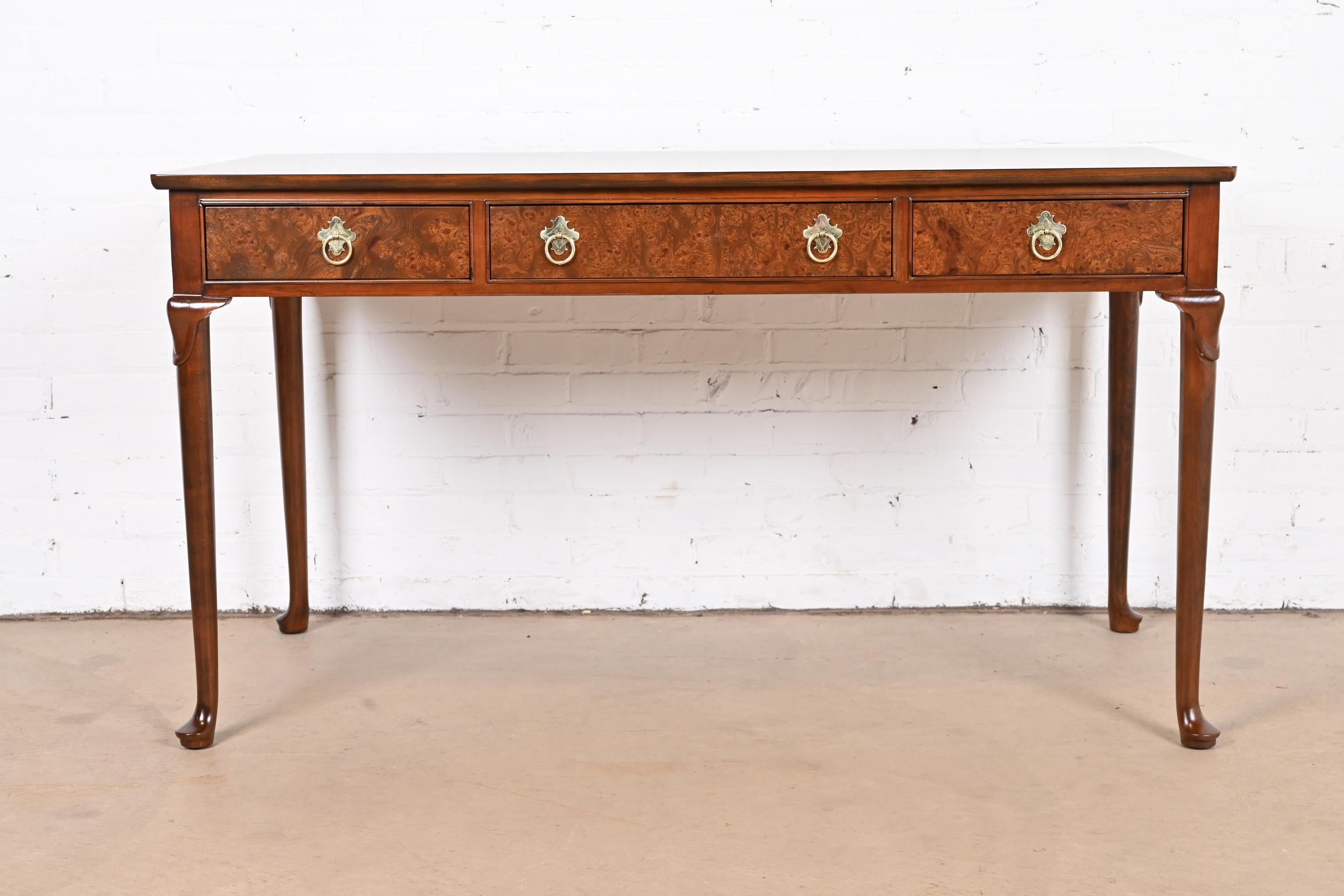 American Baker Furniture Queen Anne Walnut and Burl Wood Writing Desk, Newly Refinished