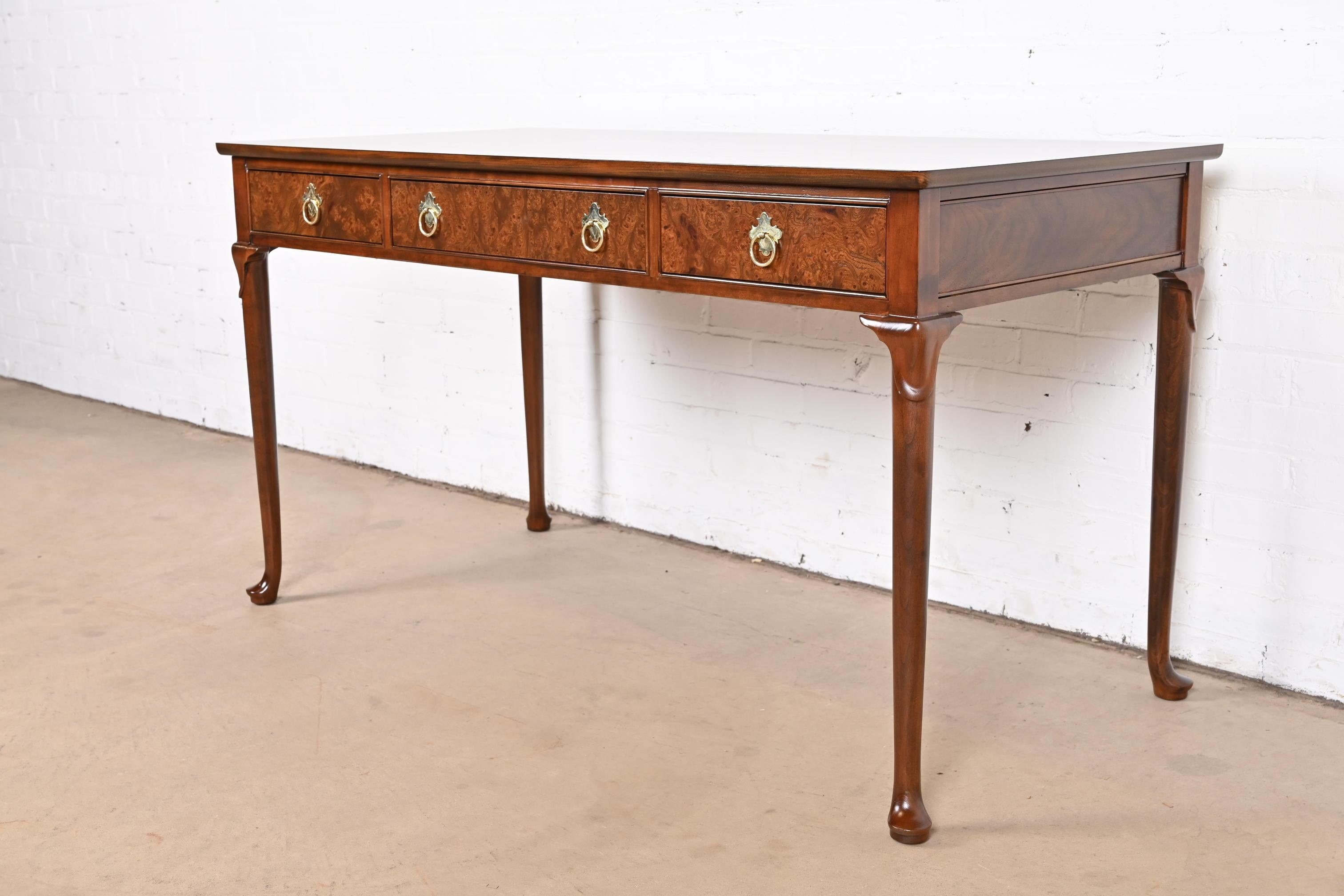 Baker Furniture Queen Anne Walnut and Burl Wood Writing Desk, Newly Refinished In Good Condition In South Bend, IN