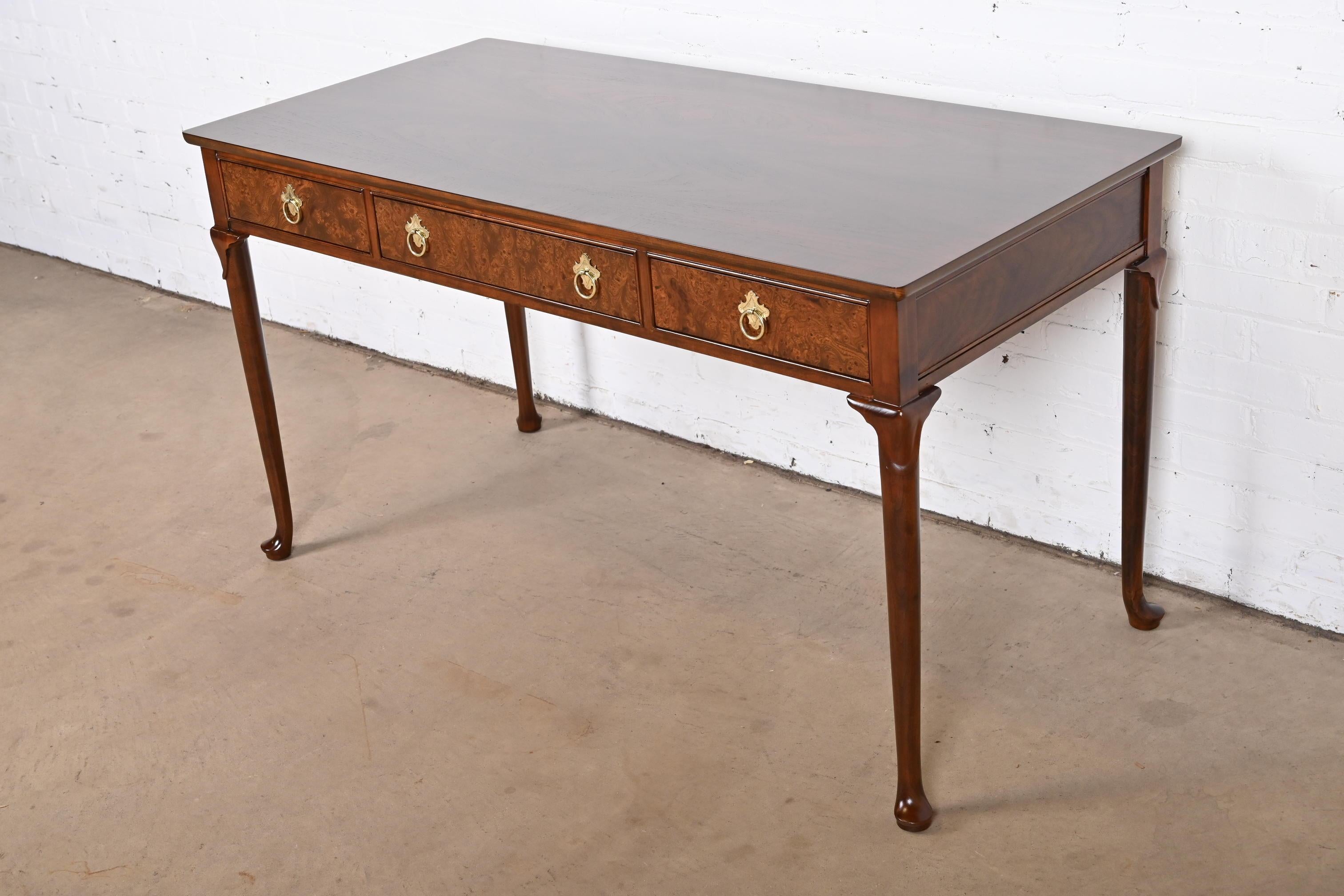 Late 20th Century Baker Furniture Queen Anne Walnut and Burl Wood Writing Desk, Newly Refinished