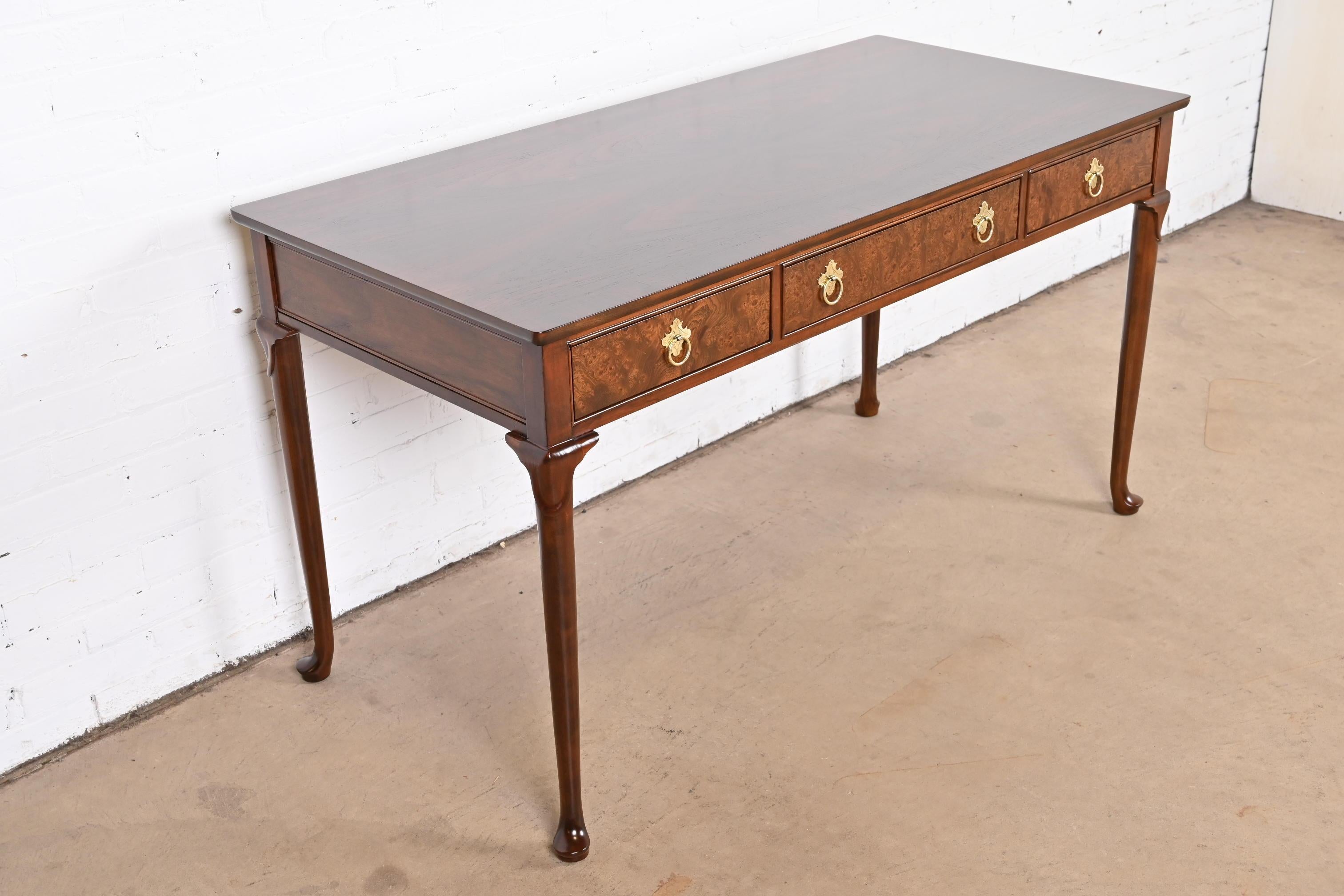 Brass Baker Furniture Queen Anne Walnut and Burl Wood Writing Desk, Newly Refinished