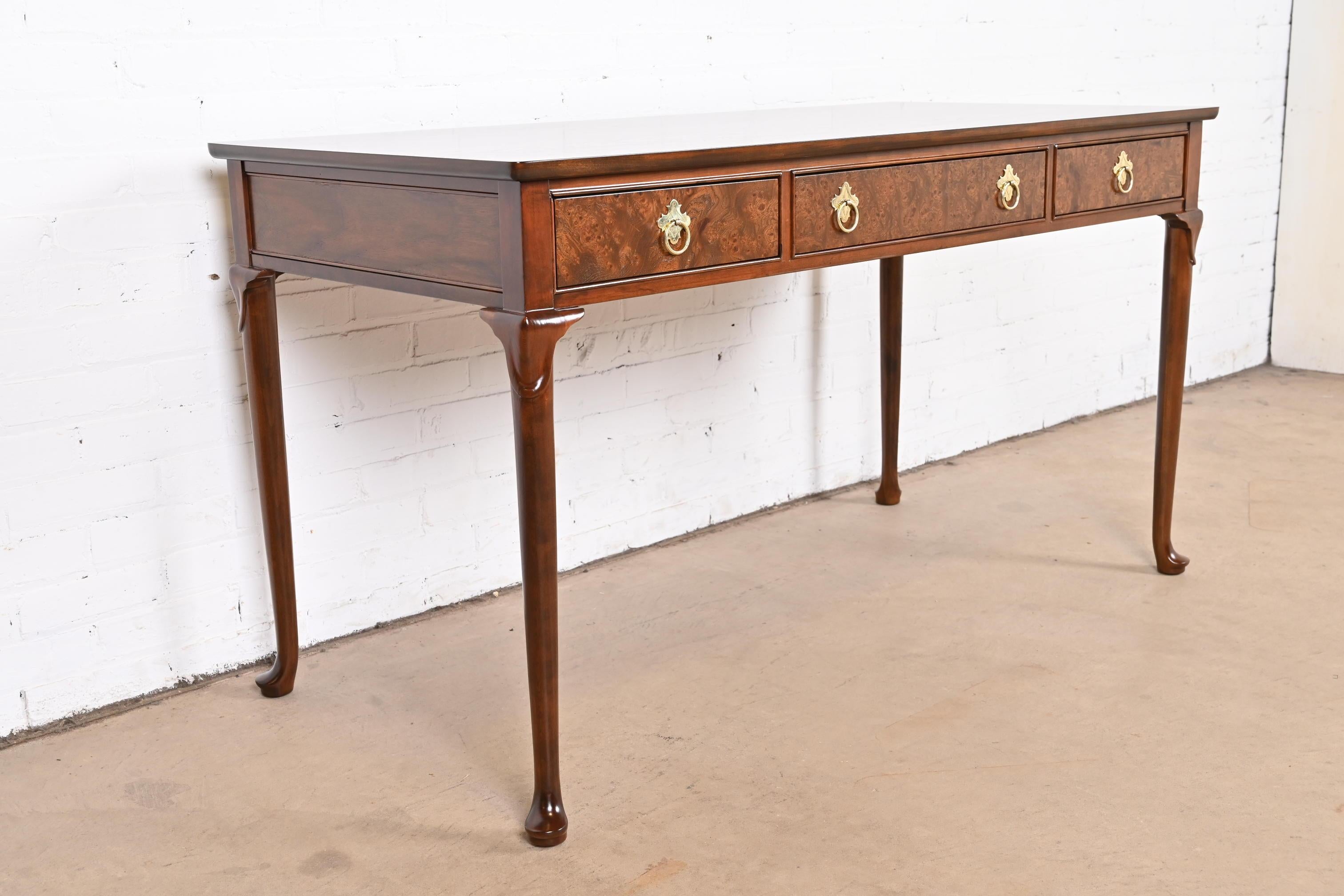 Baker Furniture Queen Anne Walnut and Burl Wood Writing Desk, Newly Refinished 1