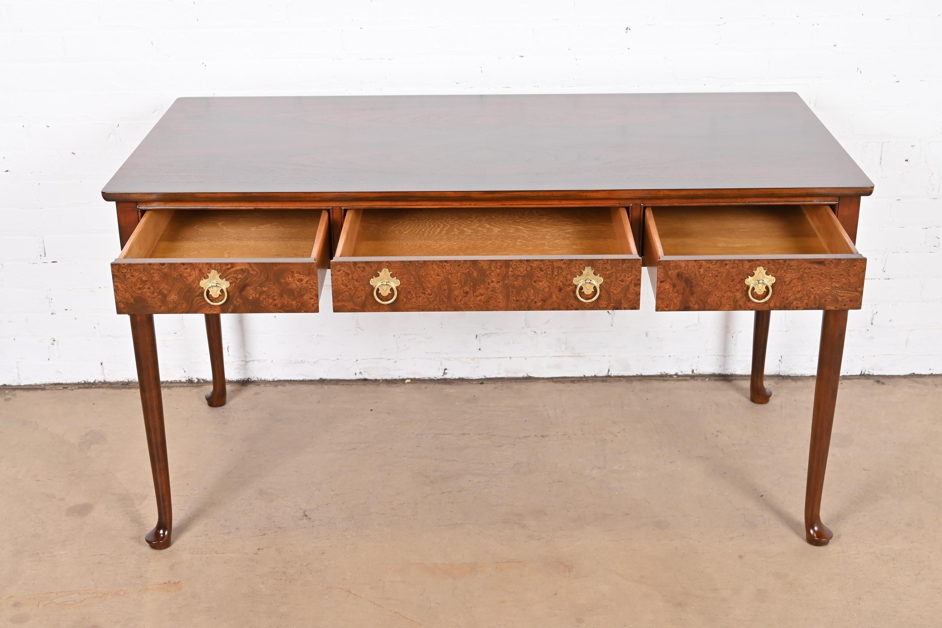 Baker Furniture Queen Anne Walnut and Burl Wood Writing Desk, Newly Refinished 2