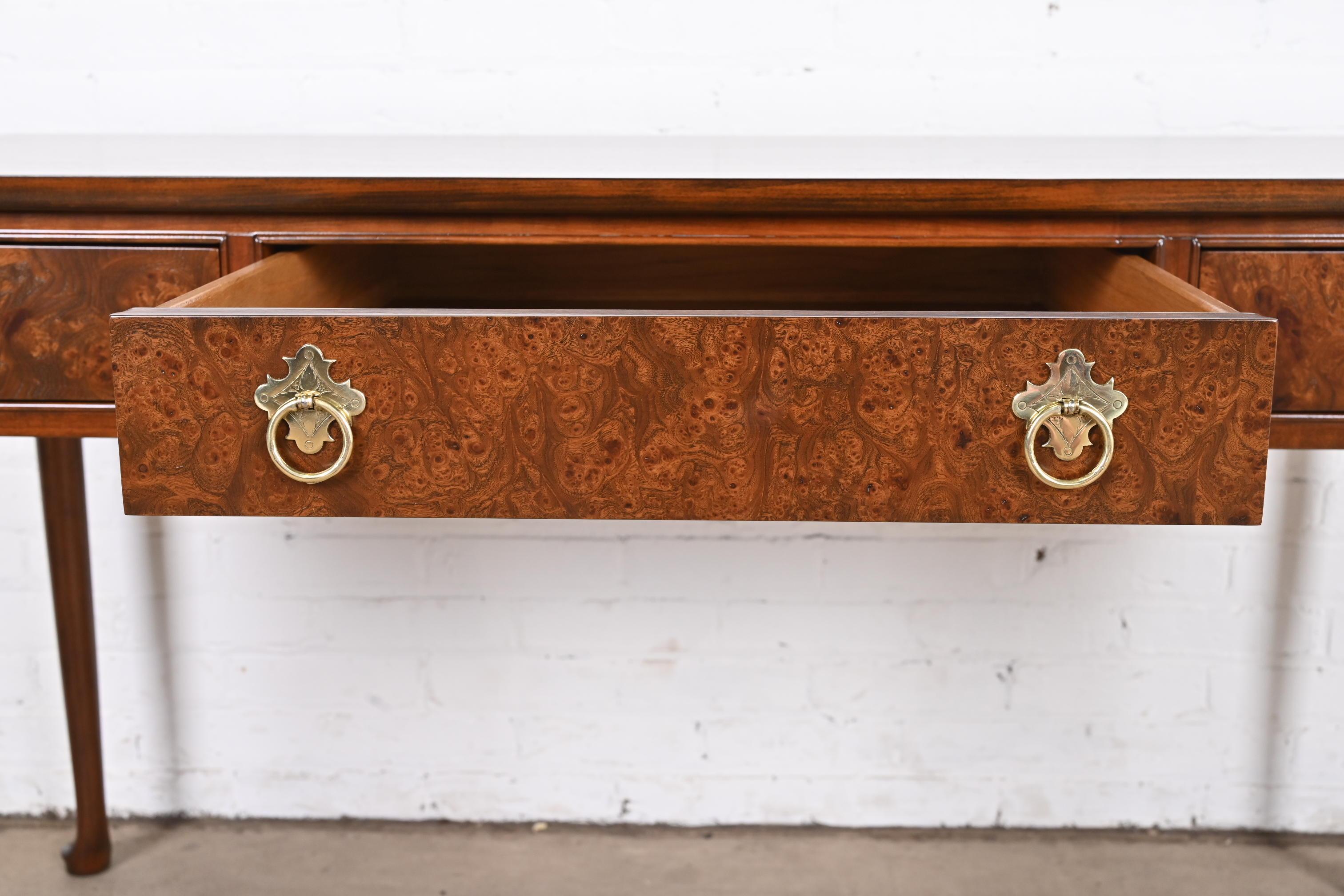 Baker Furniture Queen Anne Walnut and Burl Wood Writing Desk, Newly Refinished 3