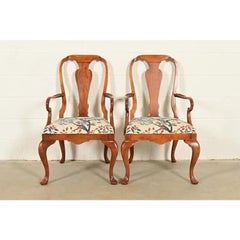 Baker Furniture Queen Anne Walnut Armchairs or Dining Captain Chairs, Pair