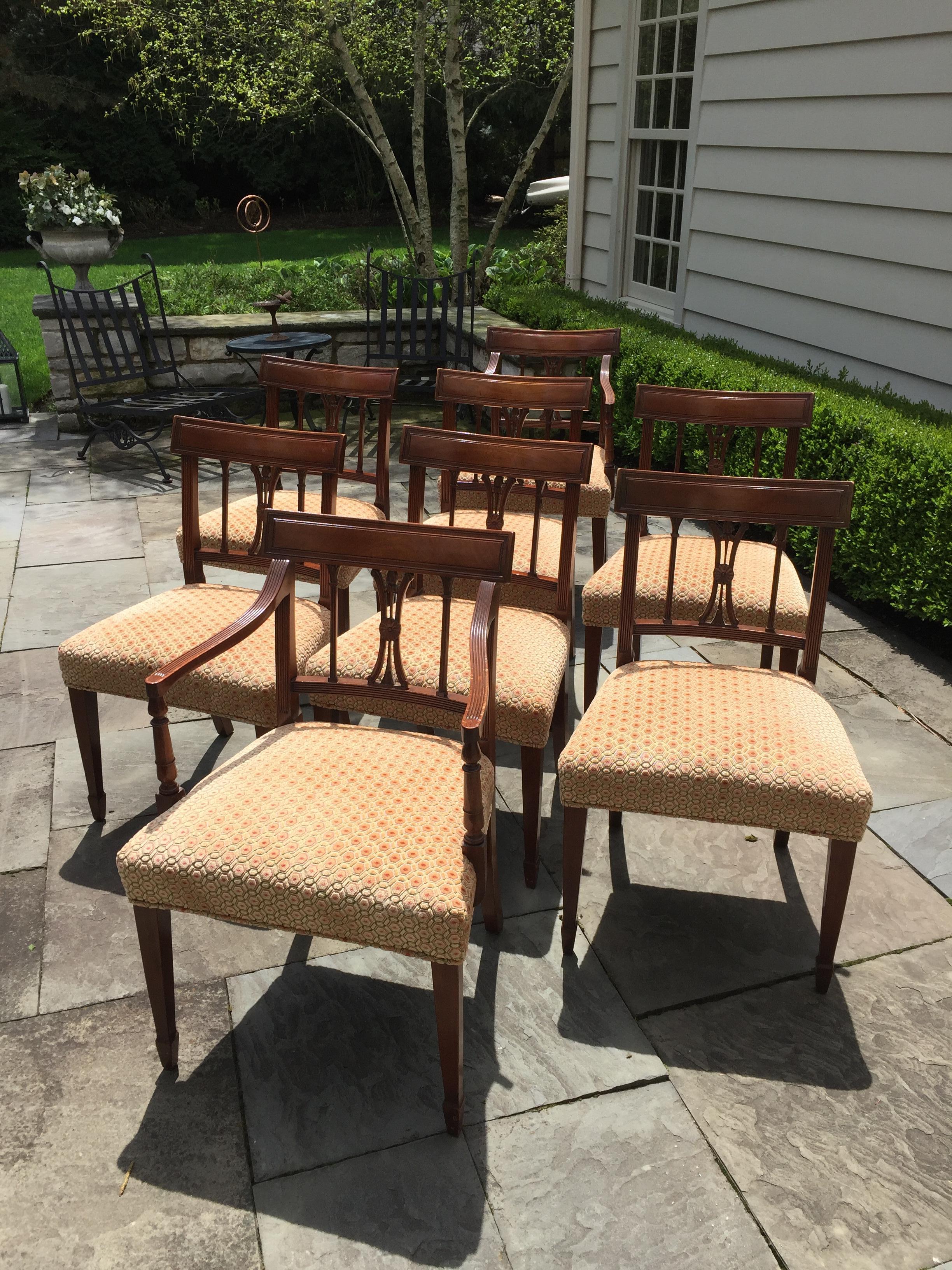Baker Furniture Regency velvet upholstered dining chairs were purchased many years ago at a Leslie Hindman auction.
We recovered the seats in a velvet geometric pattern of red, gold, sage, brown and tan.
They are in perfect condition!
Two