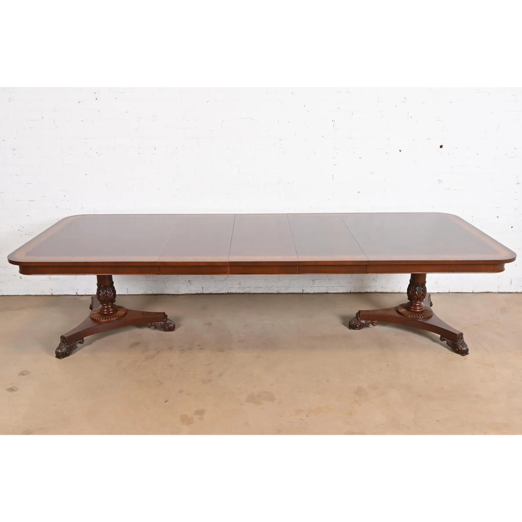 Américain Baker Furniture Regency Banded Mahogany Double Dining Table, Newly Refinished en vente
