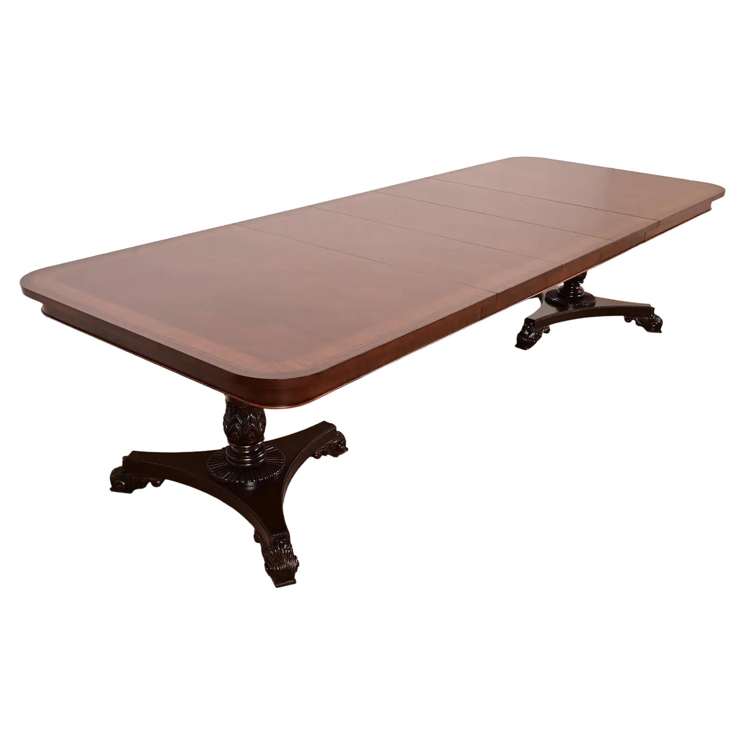 Baker Furniture Regency Banded Mahogany Pedestal Dining Table, Newly Refinished