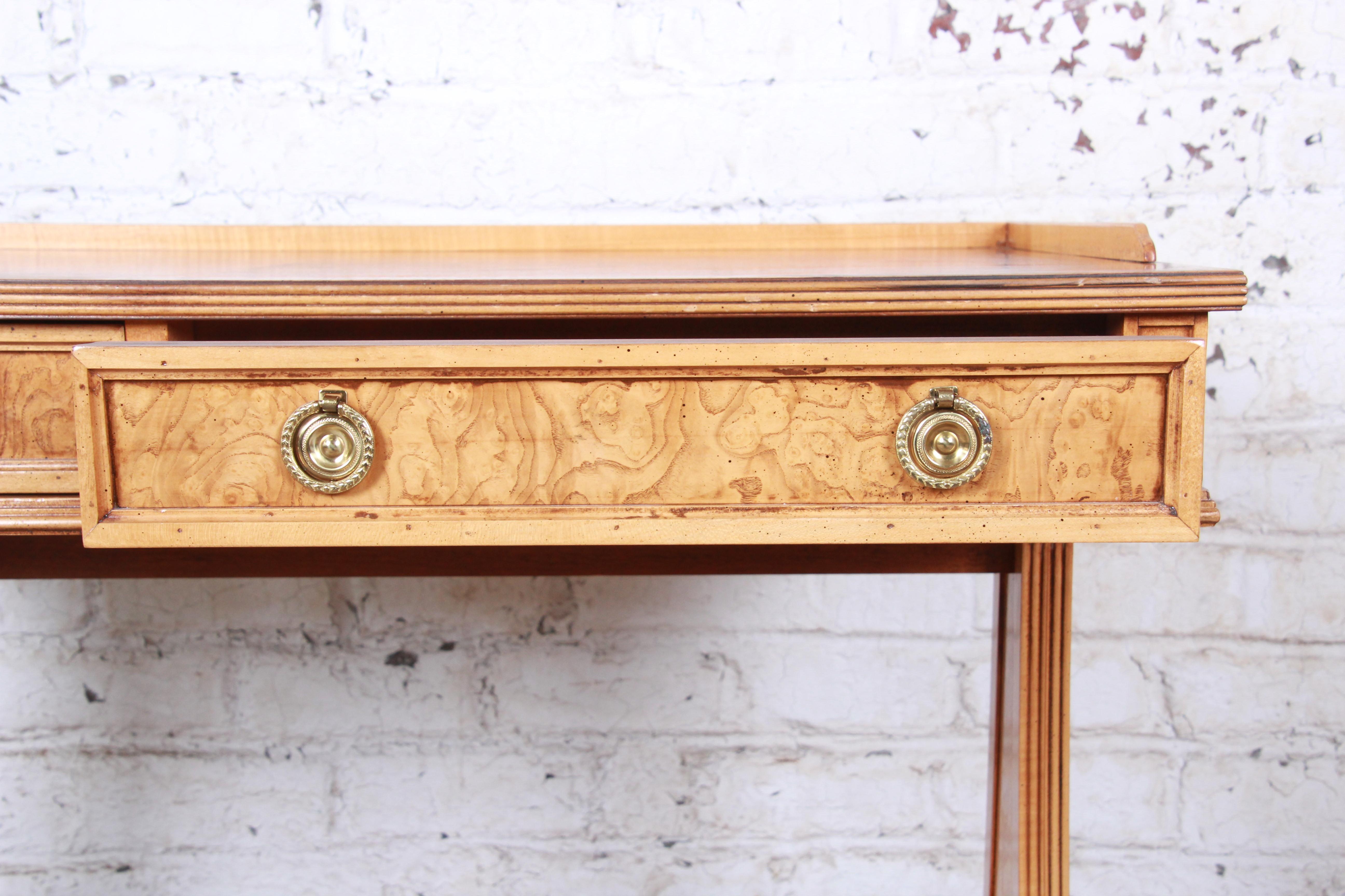 Brass Baker Furniture Regency Burl Wood and Walnut Sofa Table or Writing Desk