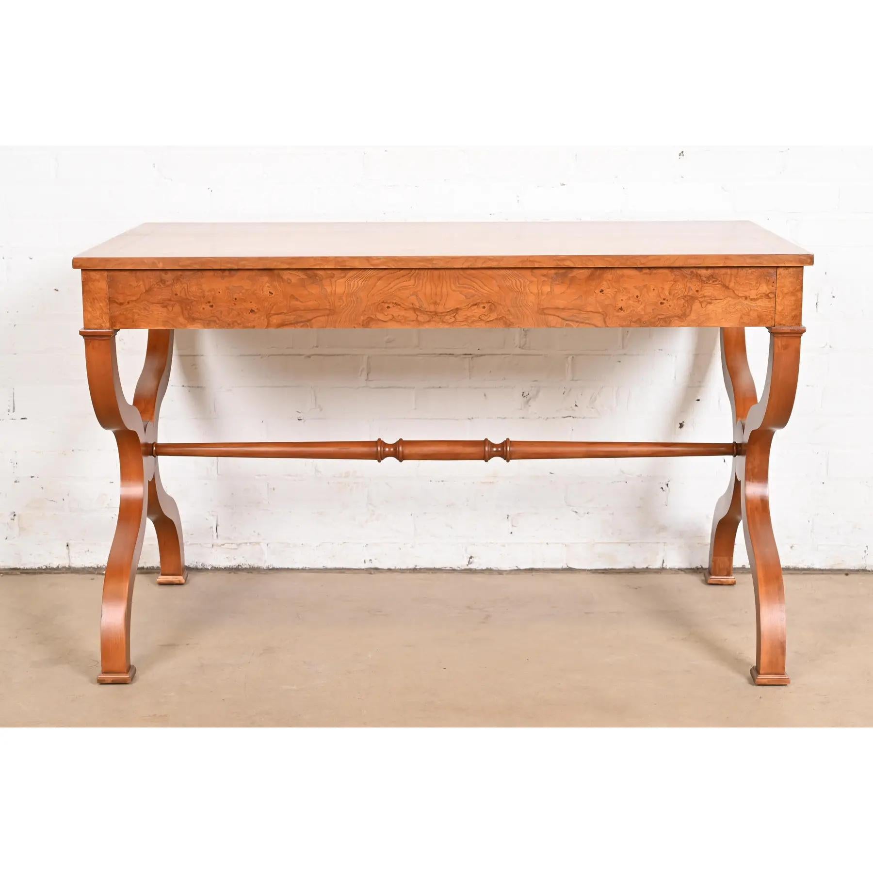 Baker Furniture Regency Burl Wood Writing Desk or Library Table, Refinished For Sale 4