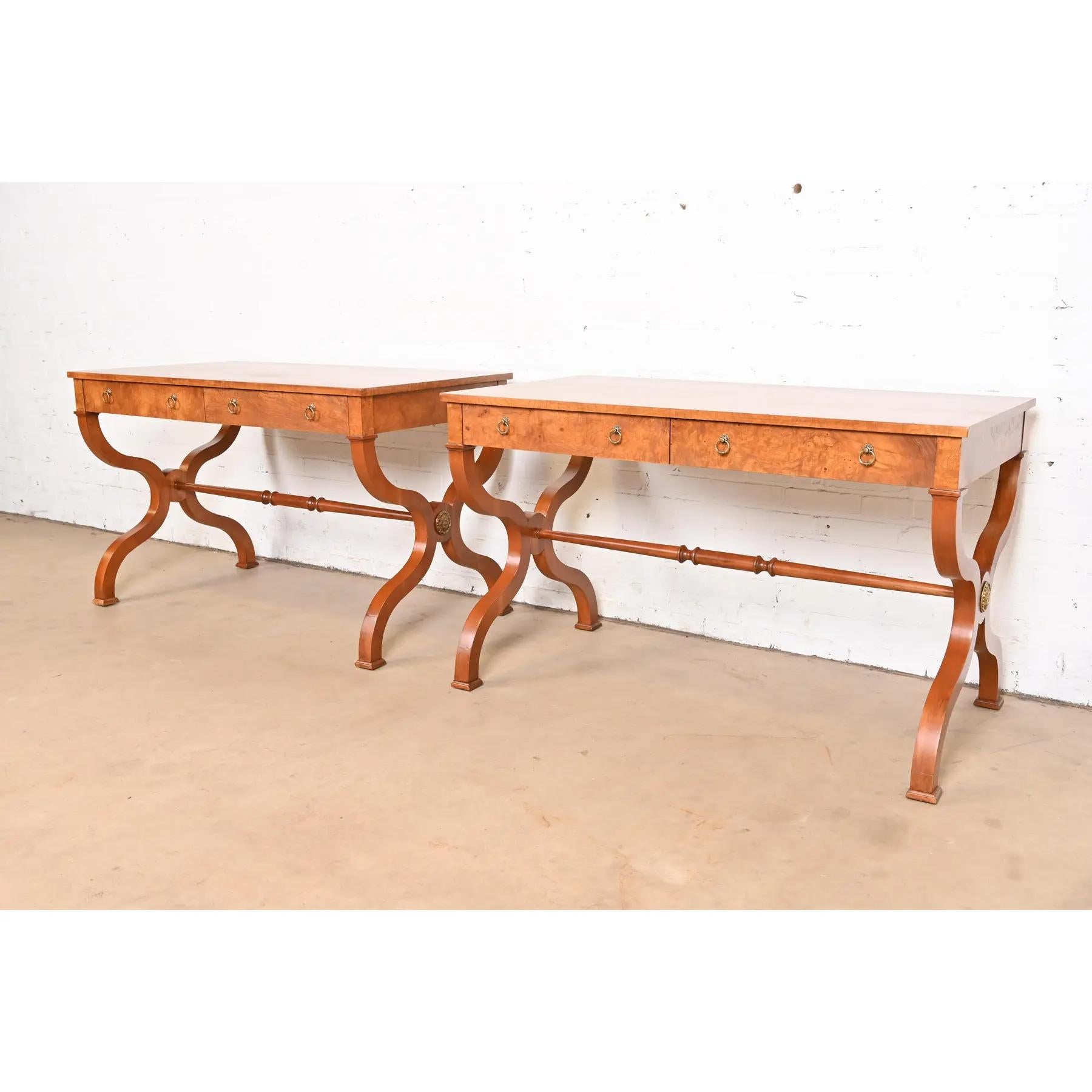 Baker Furniture Regency Burl Wood Writing Desk or Library Table, Refinished For Sale 5