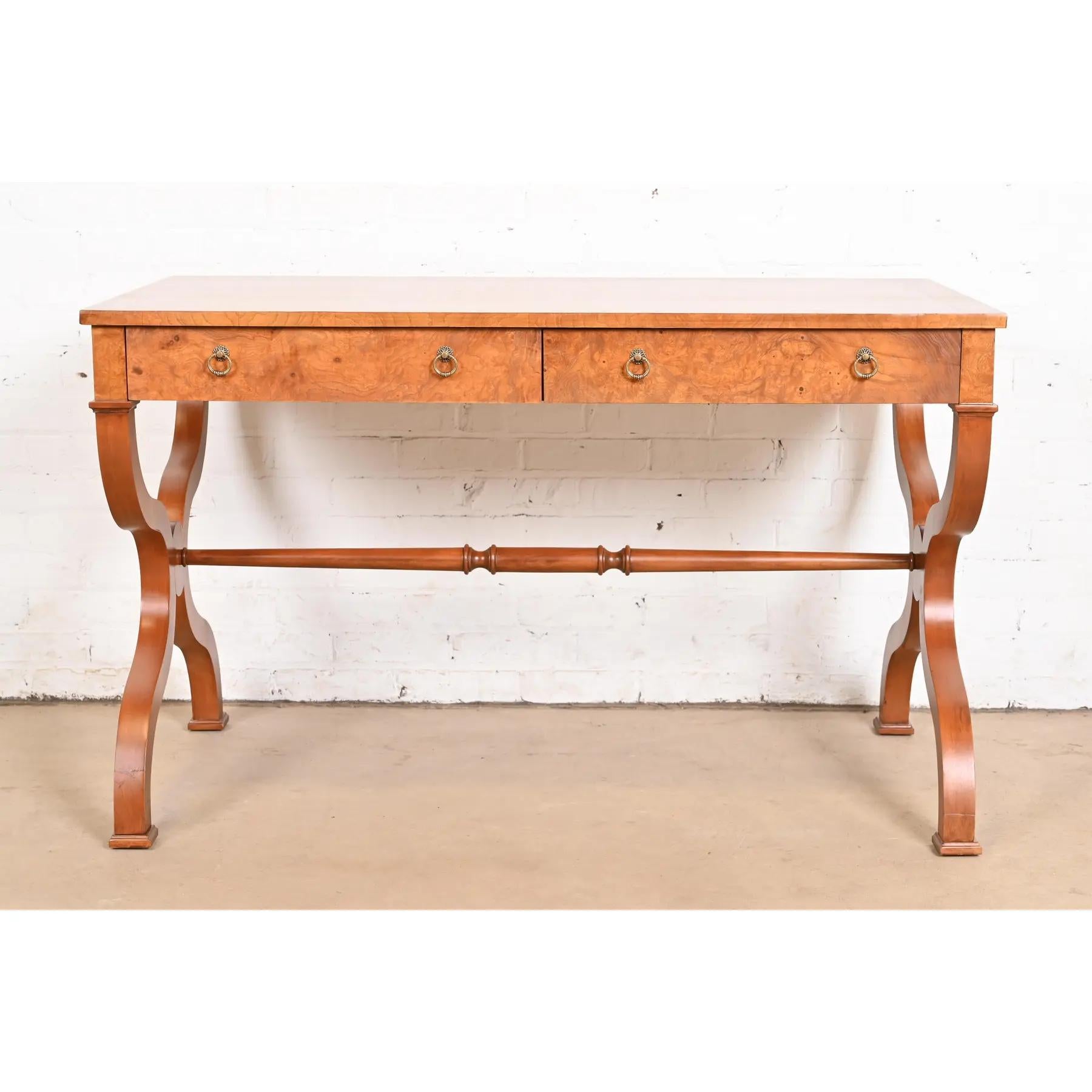 Empire Baker Furniture Regency Burl Wood Writing Desk or Library Table, Refinished For Sale