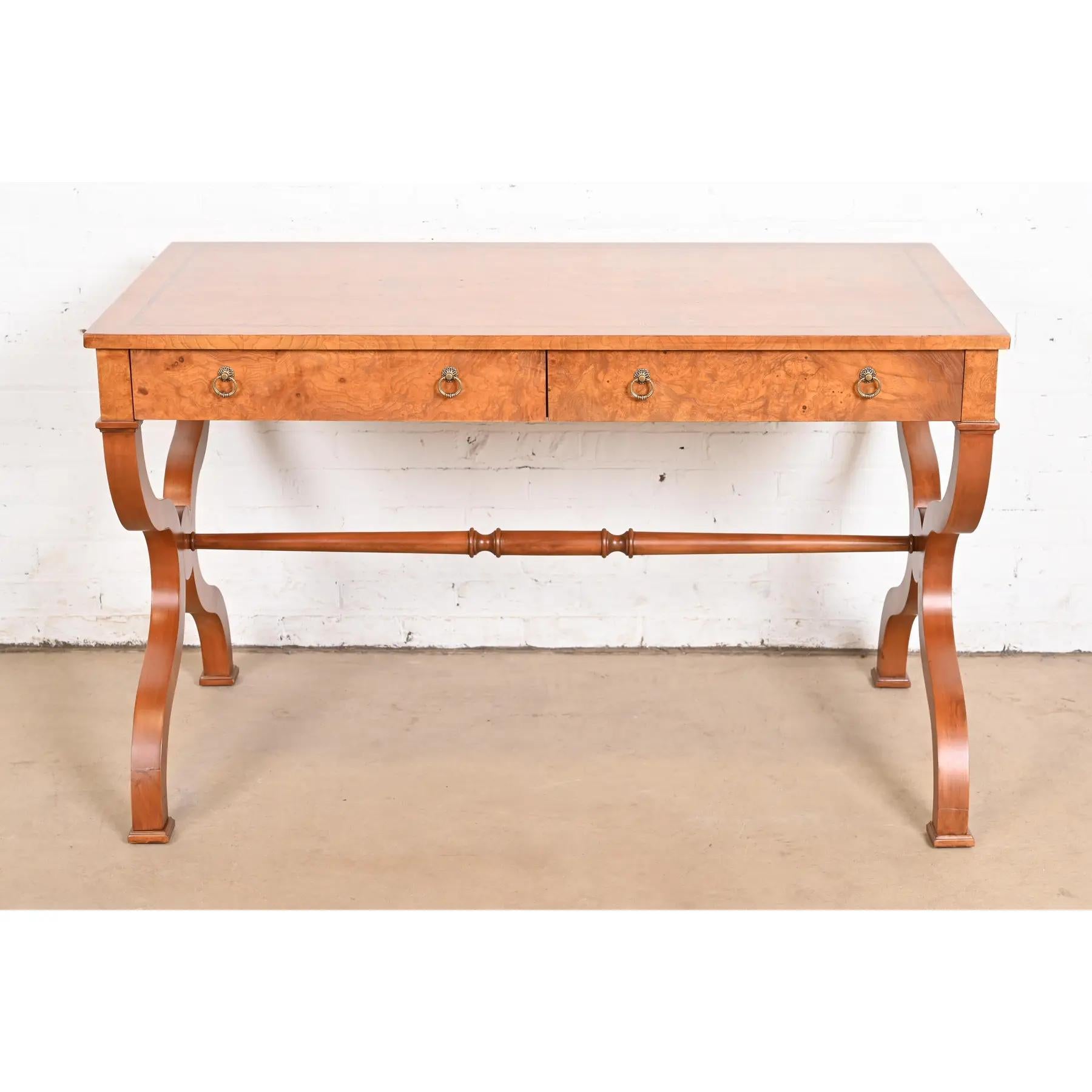 American Baker Furniture Regency Burl Wood Writing Desk or Library Table, Refinished For Sale