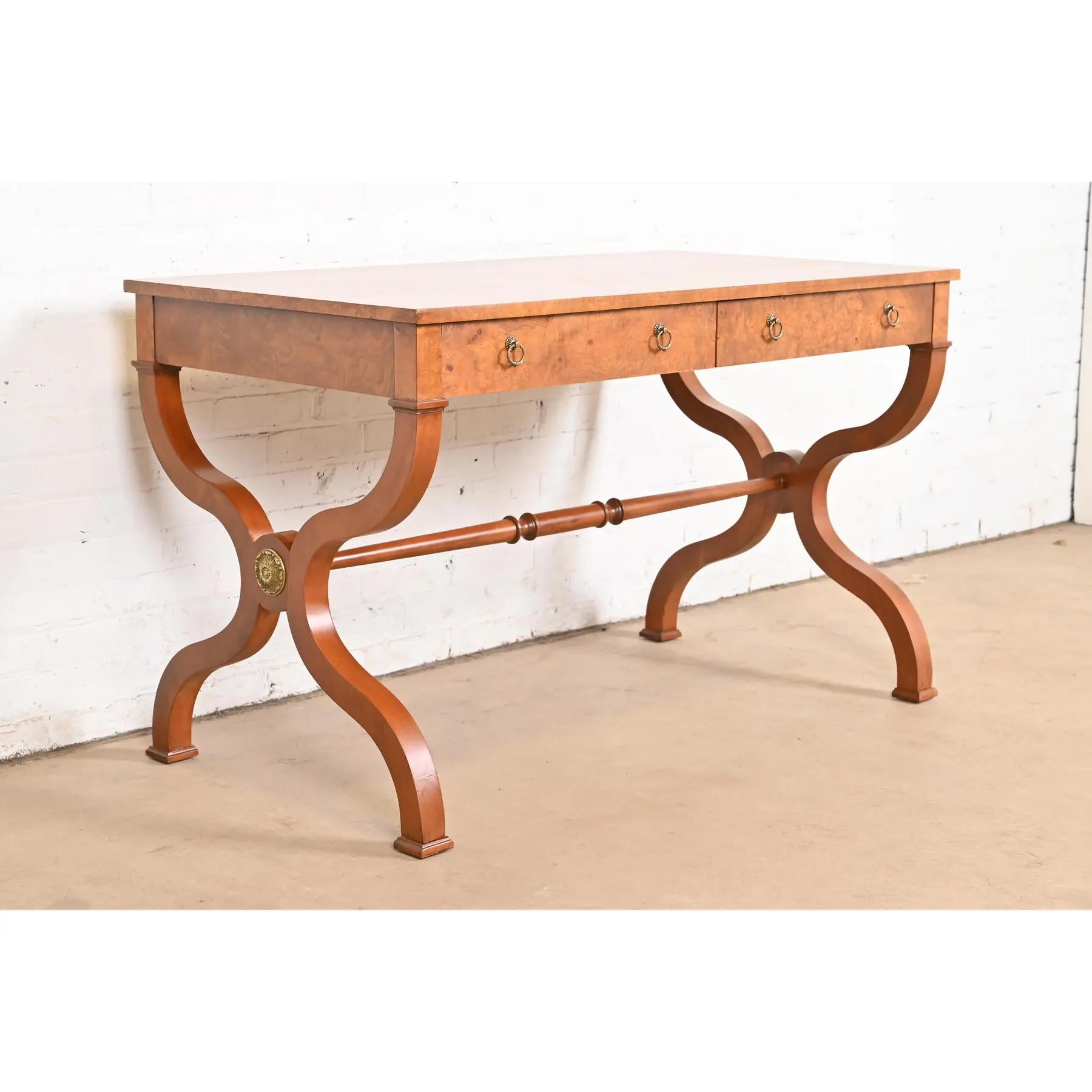 Baker Furniture Regency Burl Wood Writing Desk or Library Table, Refinished In Good Condition For Sale In South Bend, IN