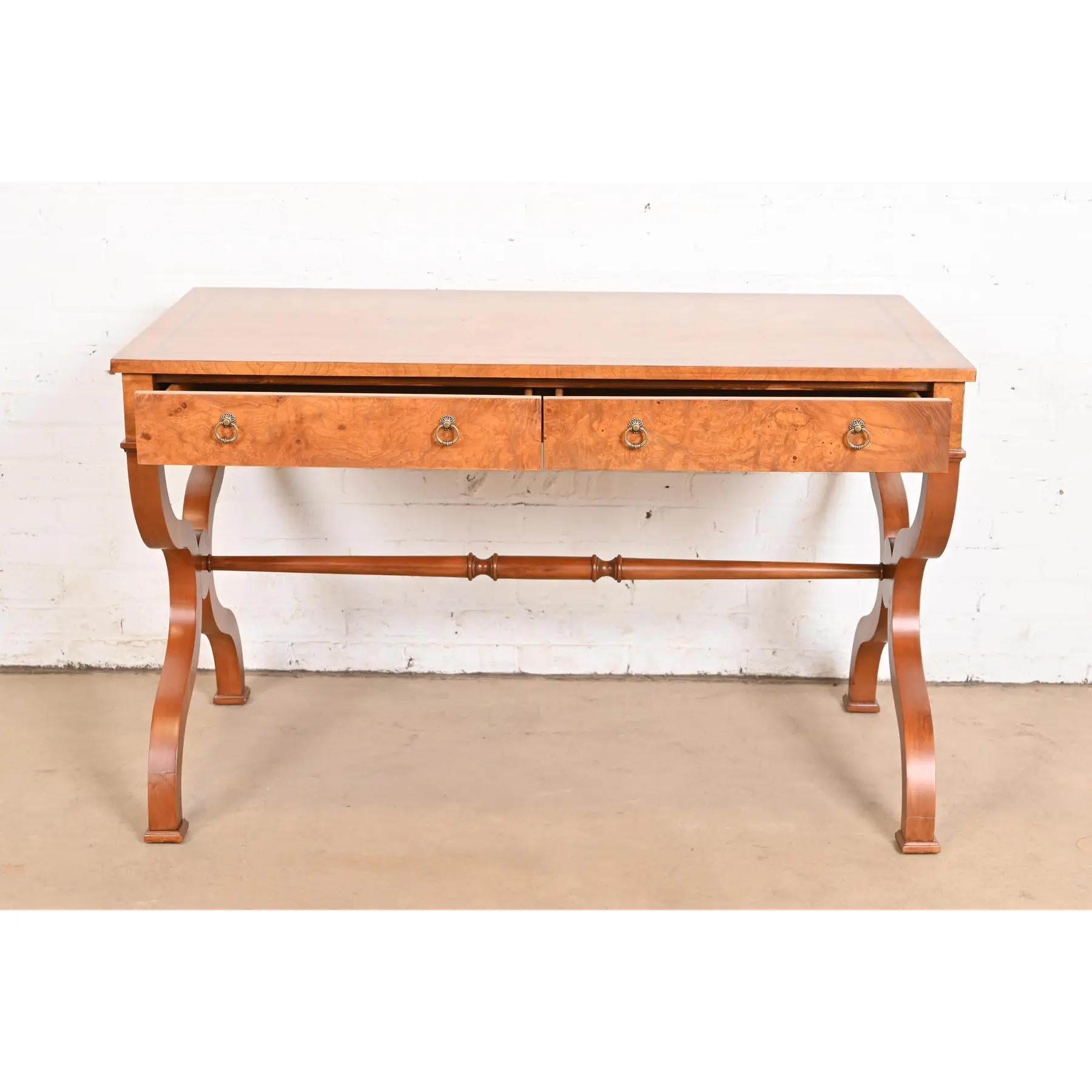 Late 20th Century Baker Furniture Regency Burl Wood Writing Desk or Library Table, Refinished For Sale