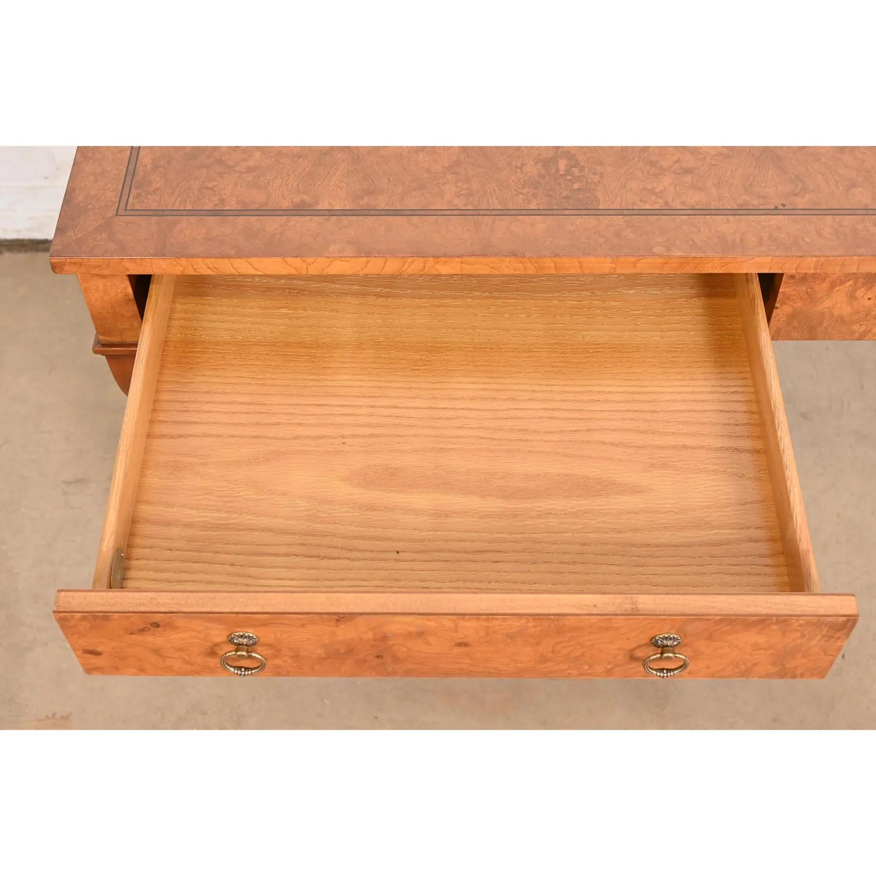 Brass Baker Furniture Regency Burl Wood Writing Desk or Library Table, Refinished For Sale