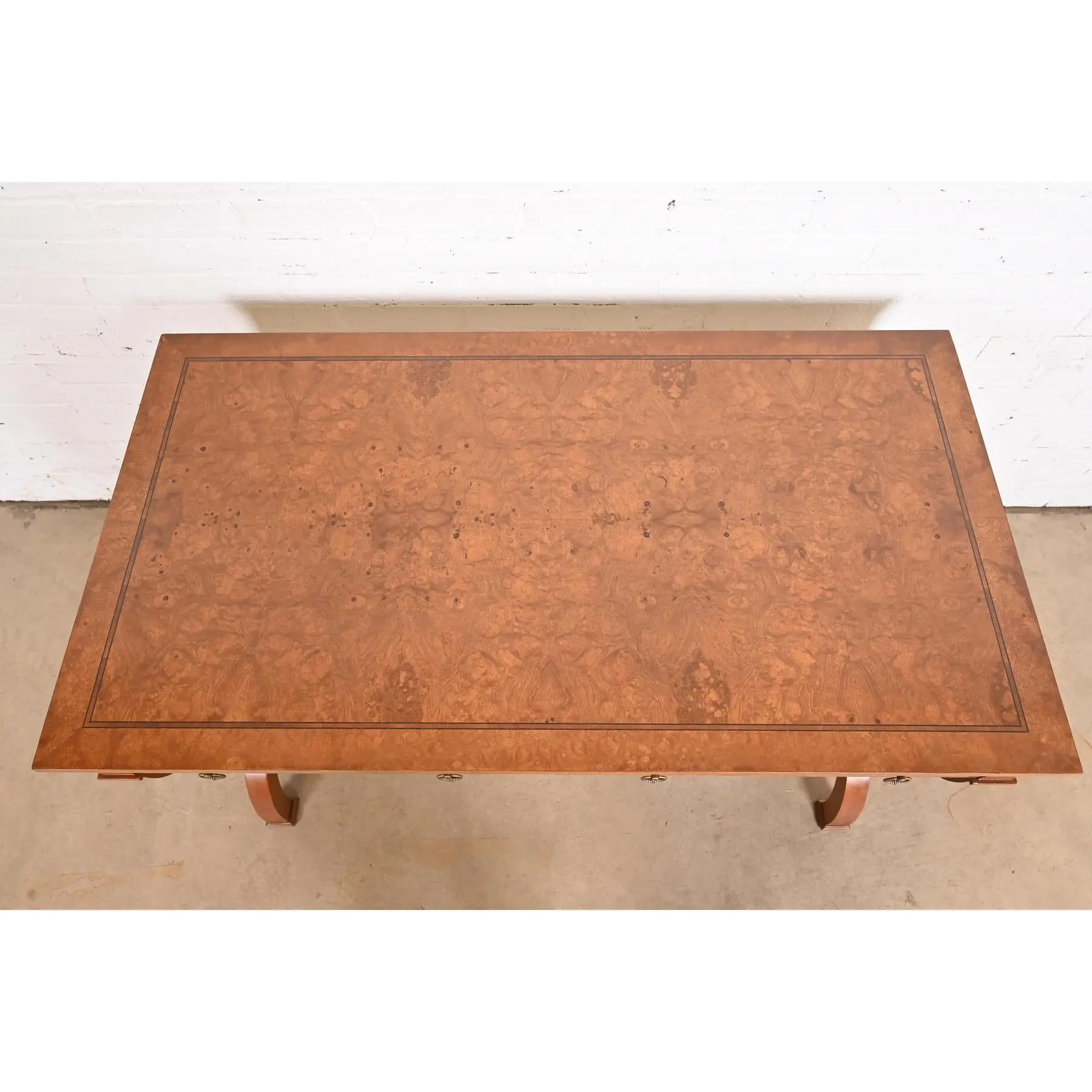 Baker Furniture Regency Burl Wood Writing Desk or Library Table, Refinished For Sale 2