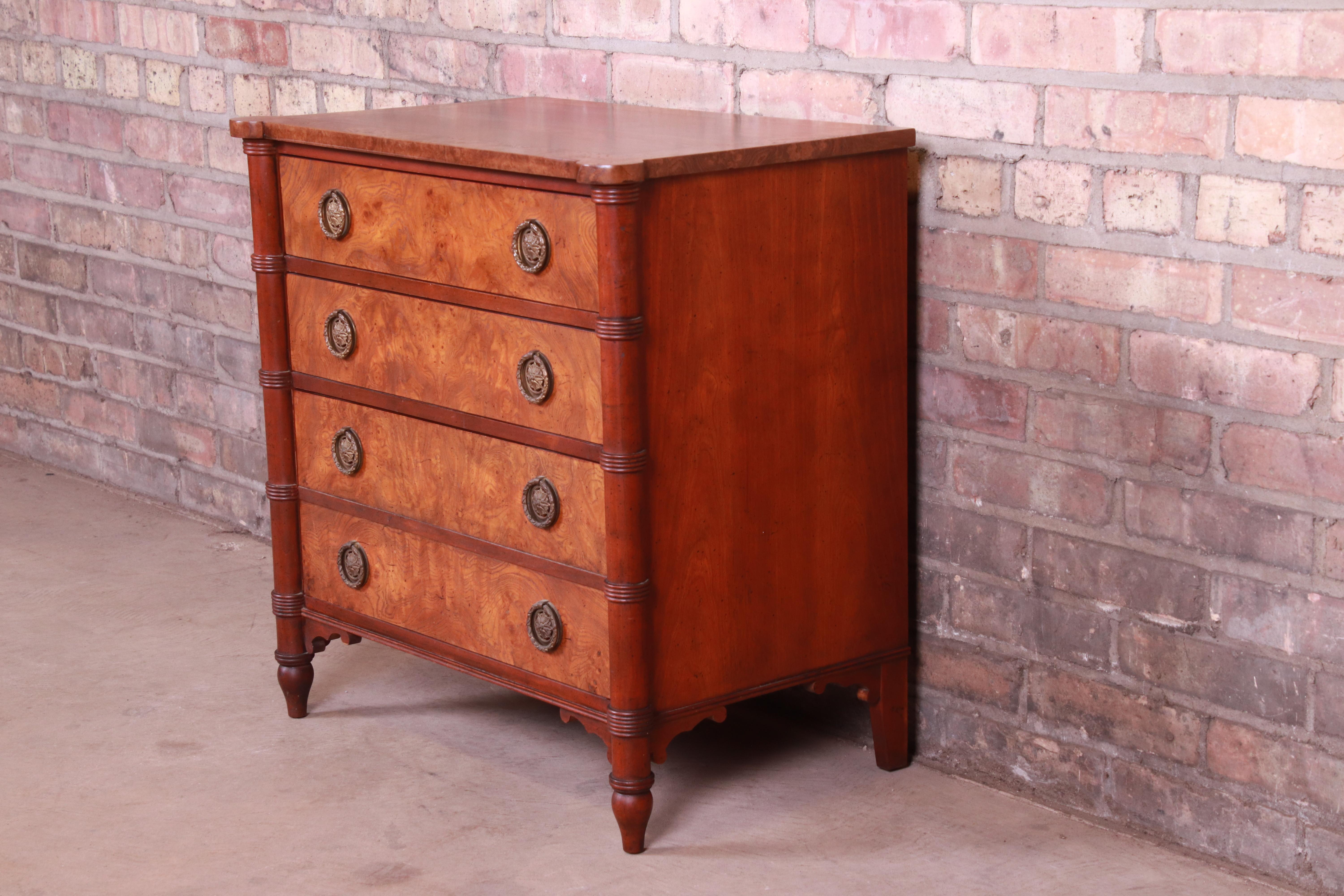 American Baker Furniture Regency Burled Walnut Bachelor Chest or Commode