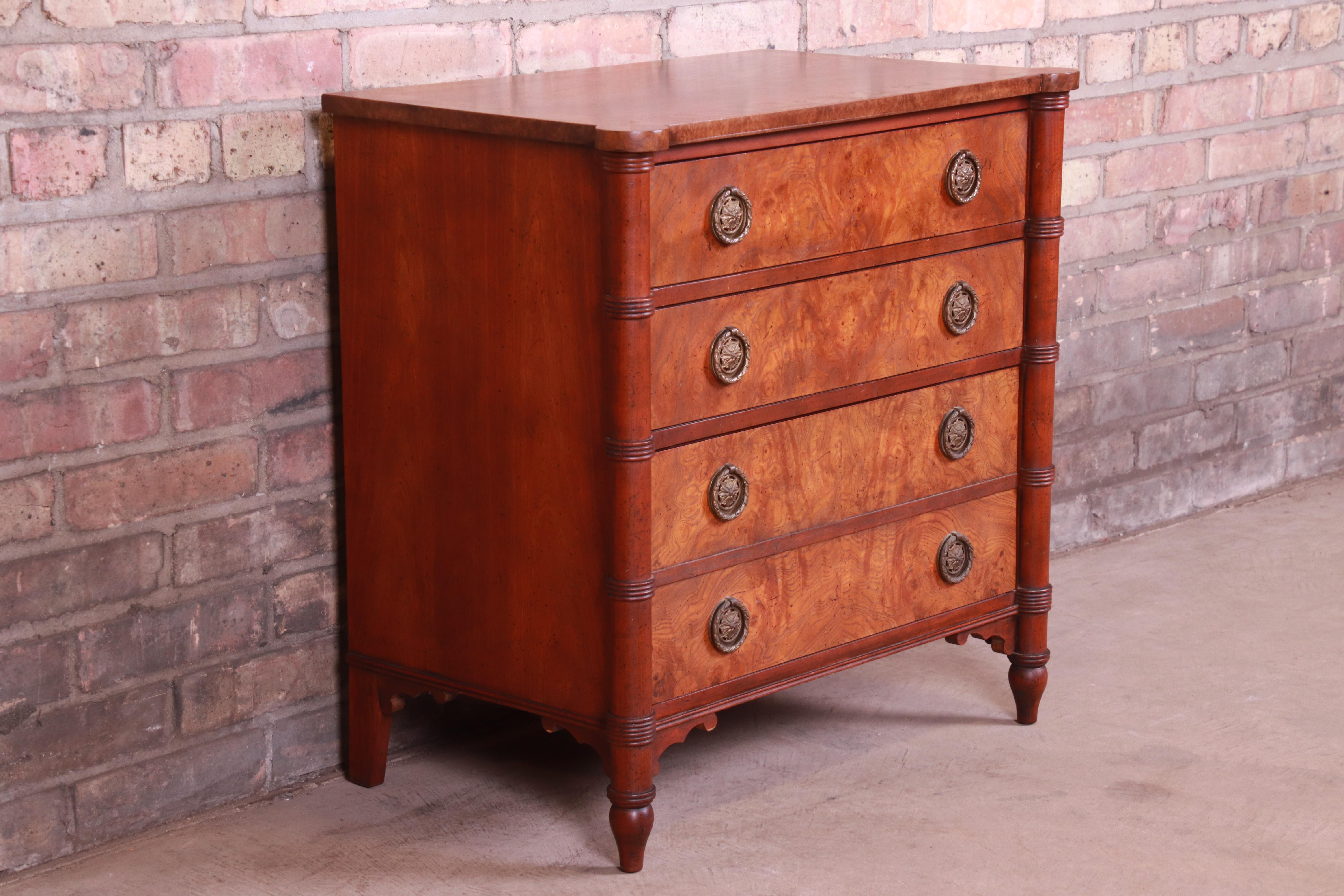 Brass Baker Furniture Regency Burled Walnut Bachelor Chest or Commode