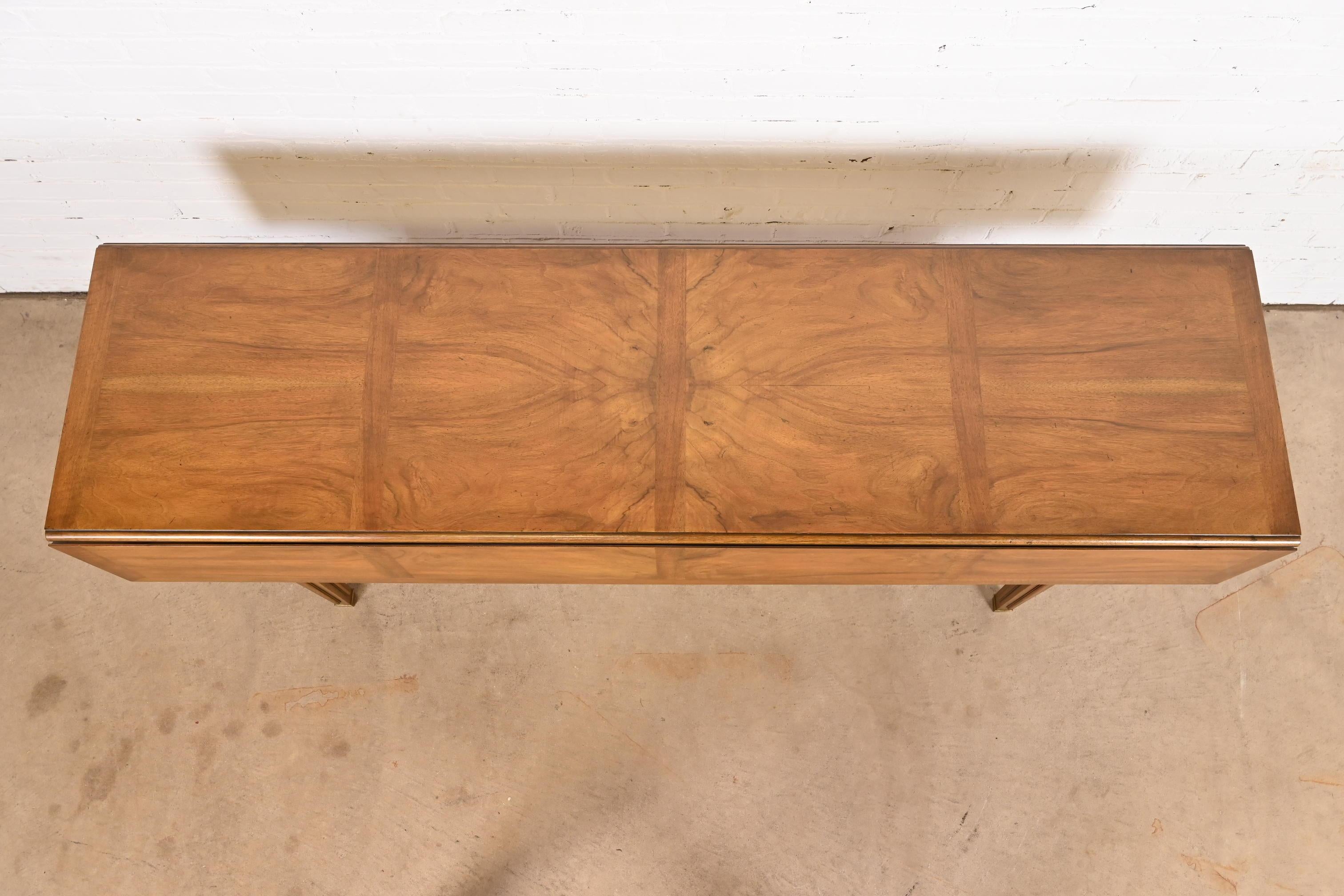 Brass Baker Furniture Regency Burled Walnut Drop Leaf Console Dining Table, Circa 1960