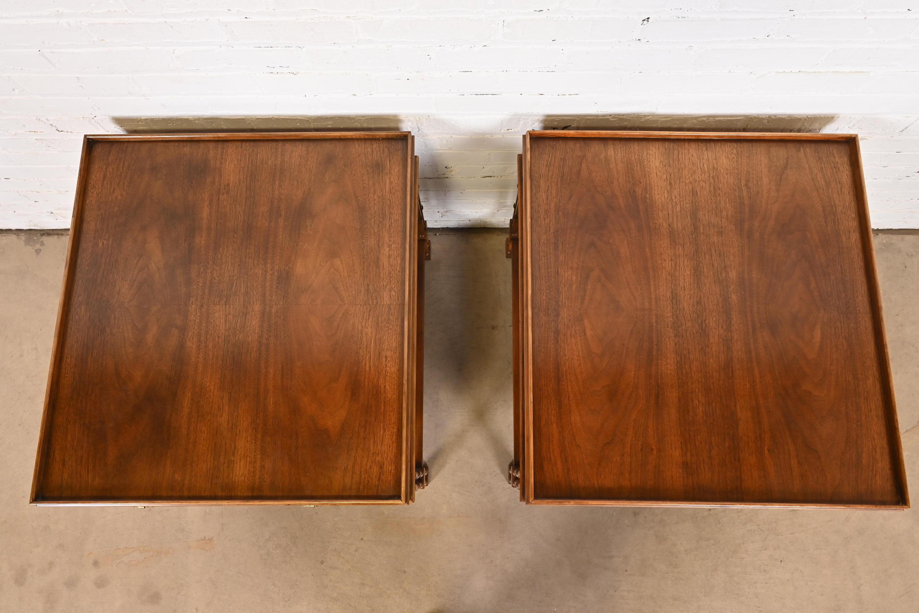 Baker Furniture Regency Burled Walnut Faux Bamboo Side Tables or Nightstands 5