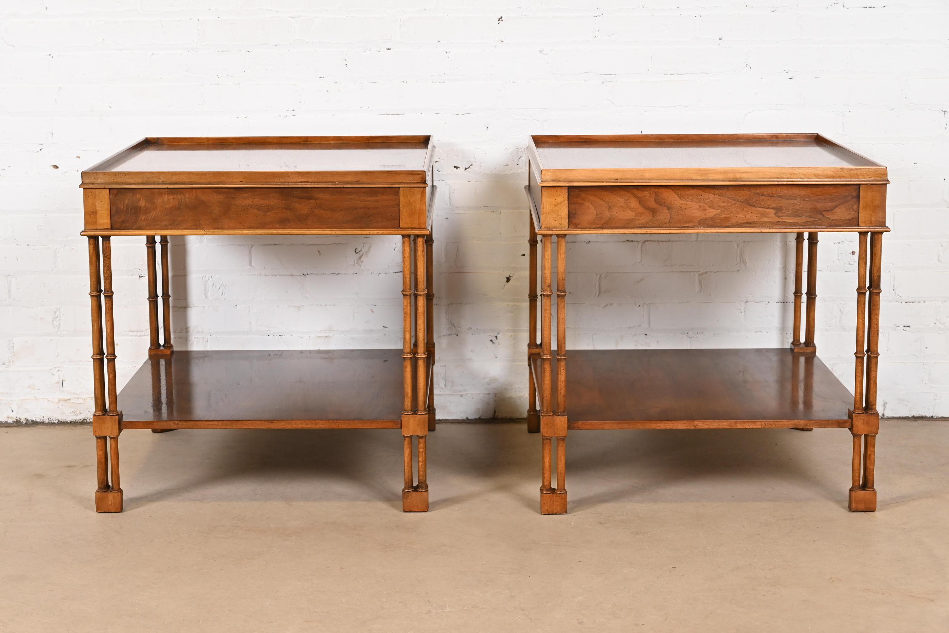 Baker Furniture Regency Burled Walnut Faux Bamboo Side Tables or Nightstands 6