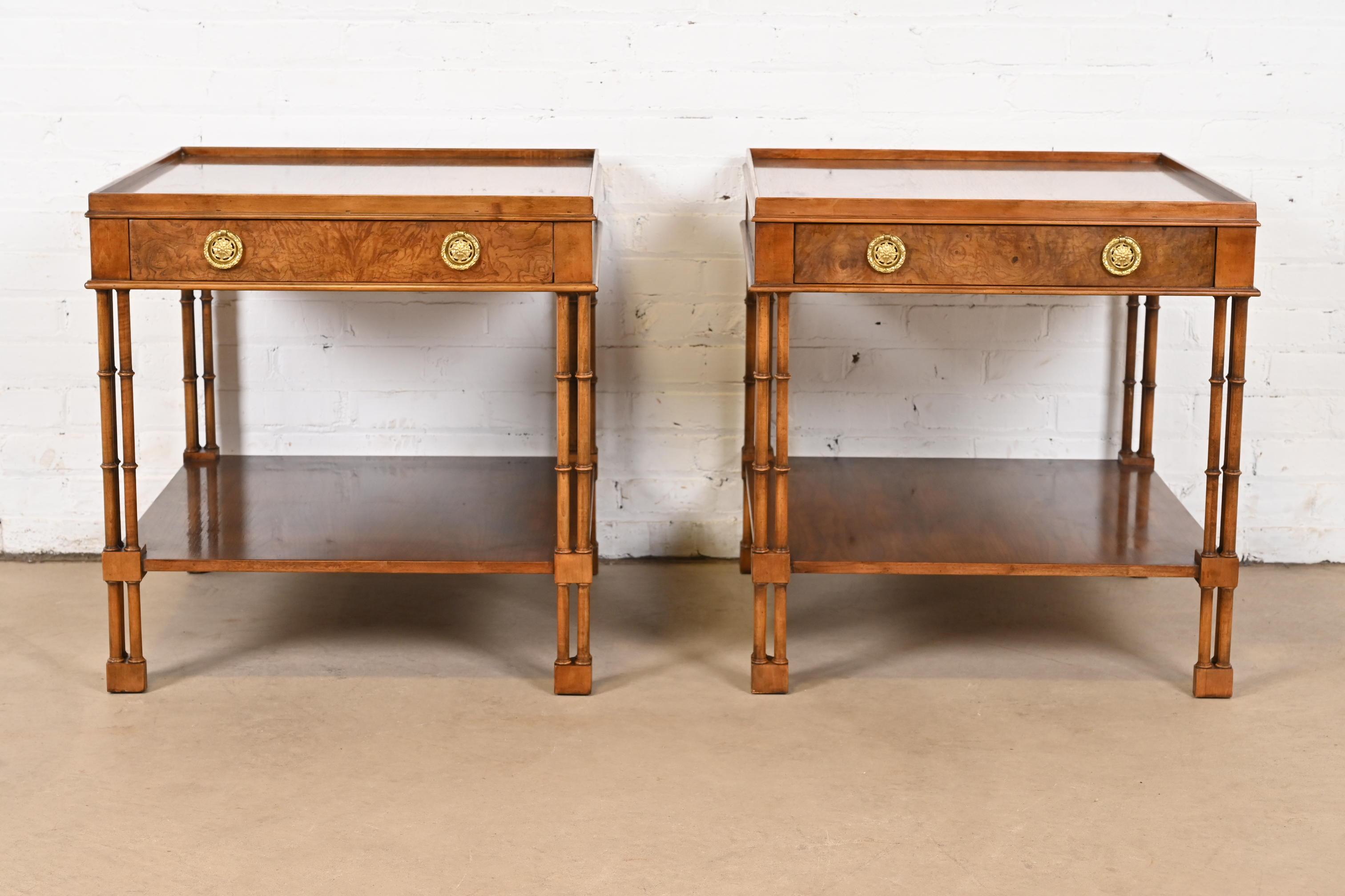 American Baker Furniture Regency Burled Walnut Faux Bamboo Side Tables or Nightstands