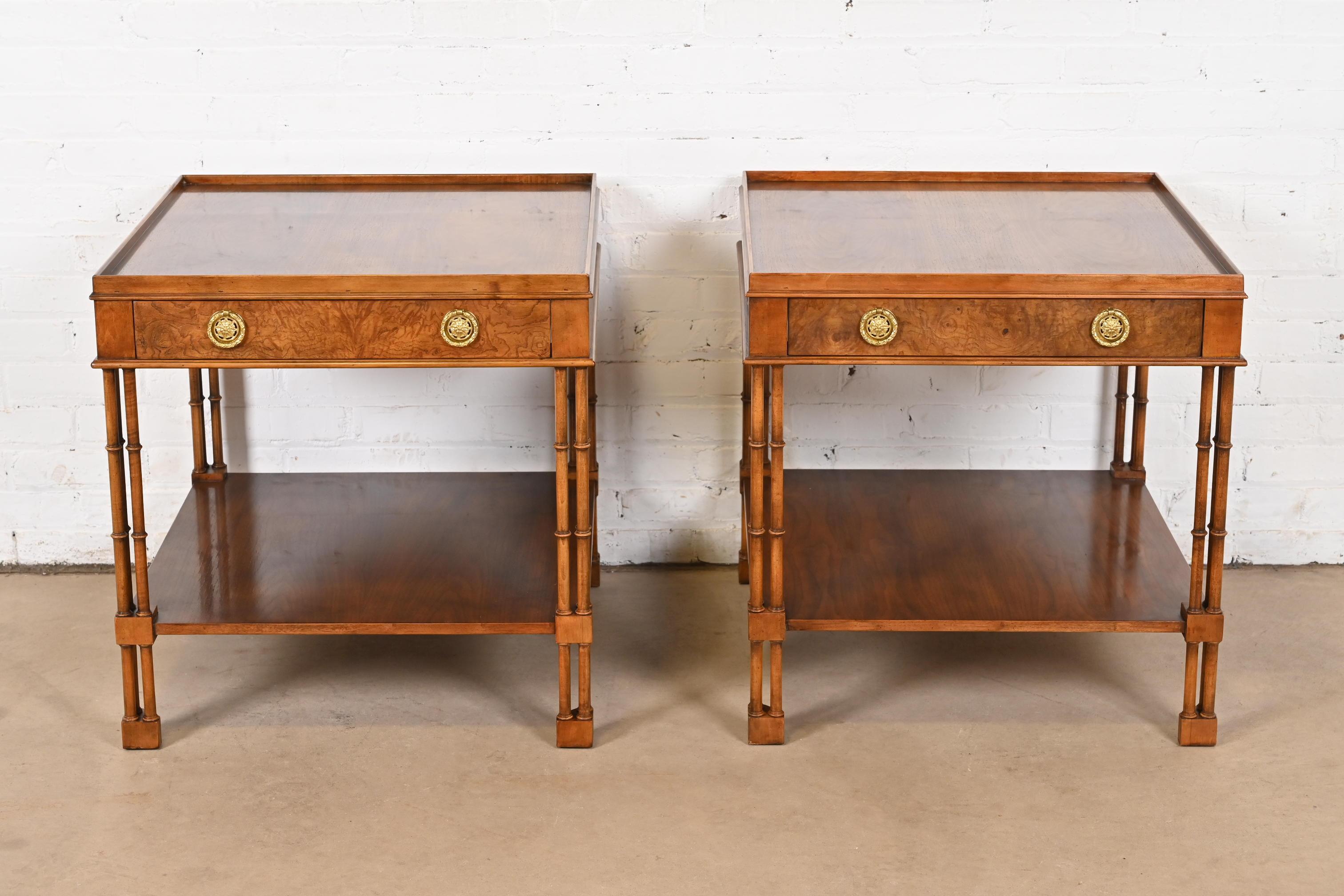 Baker Furniture Regency Burled Walnut Faux Bamboo Side Tables or Nightstands In Good Condition In South Bend, IN