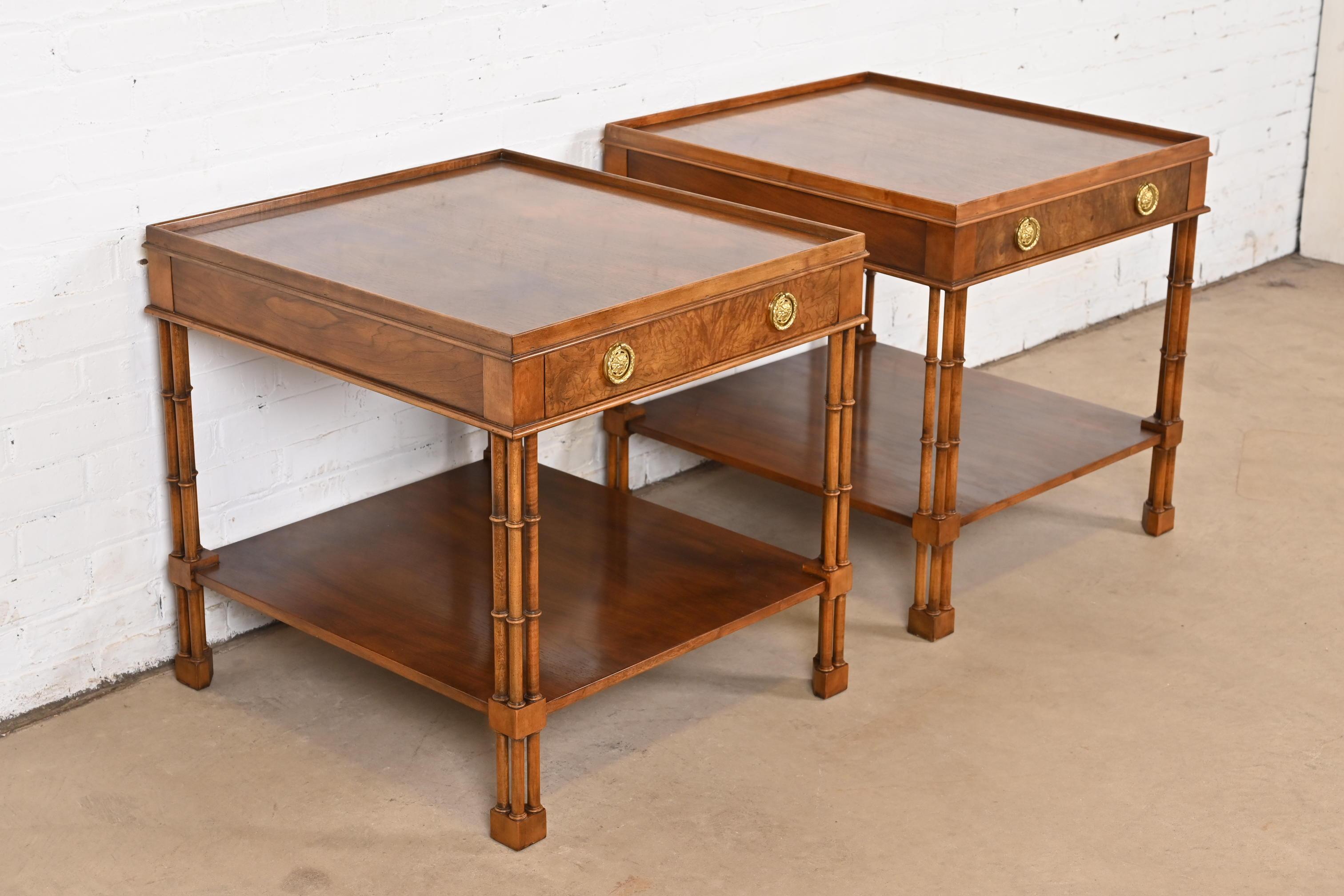 Late 20th Century Baker Furniture Regency Burled Walnut Faux Bamboo Side Tables or Nightstands