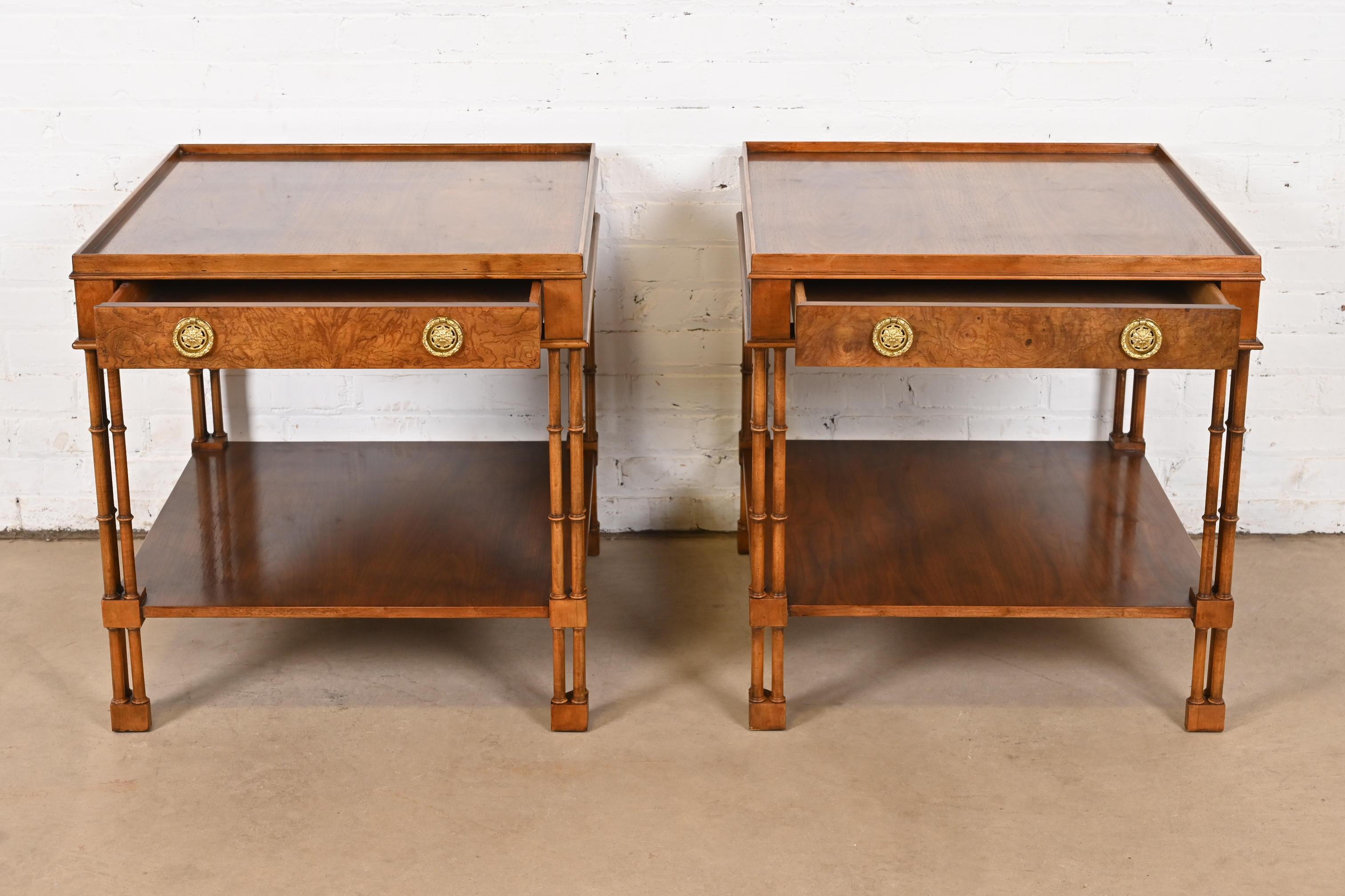 Brass Baker Furniture Regency Burled Walnut Faux Bamboo Side Tables or Nightstands