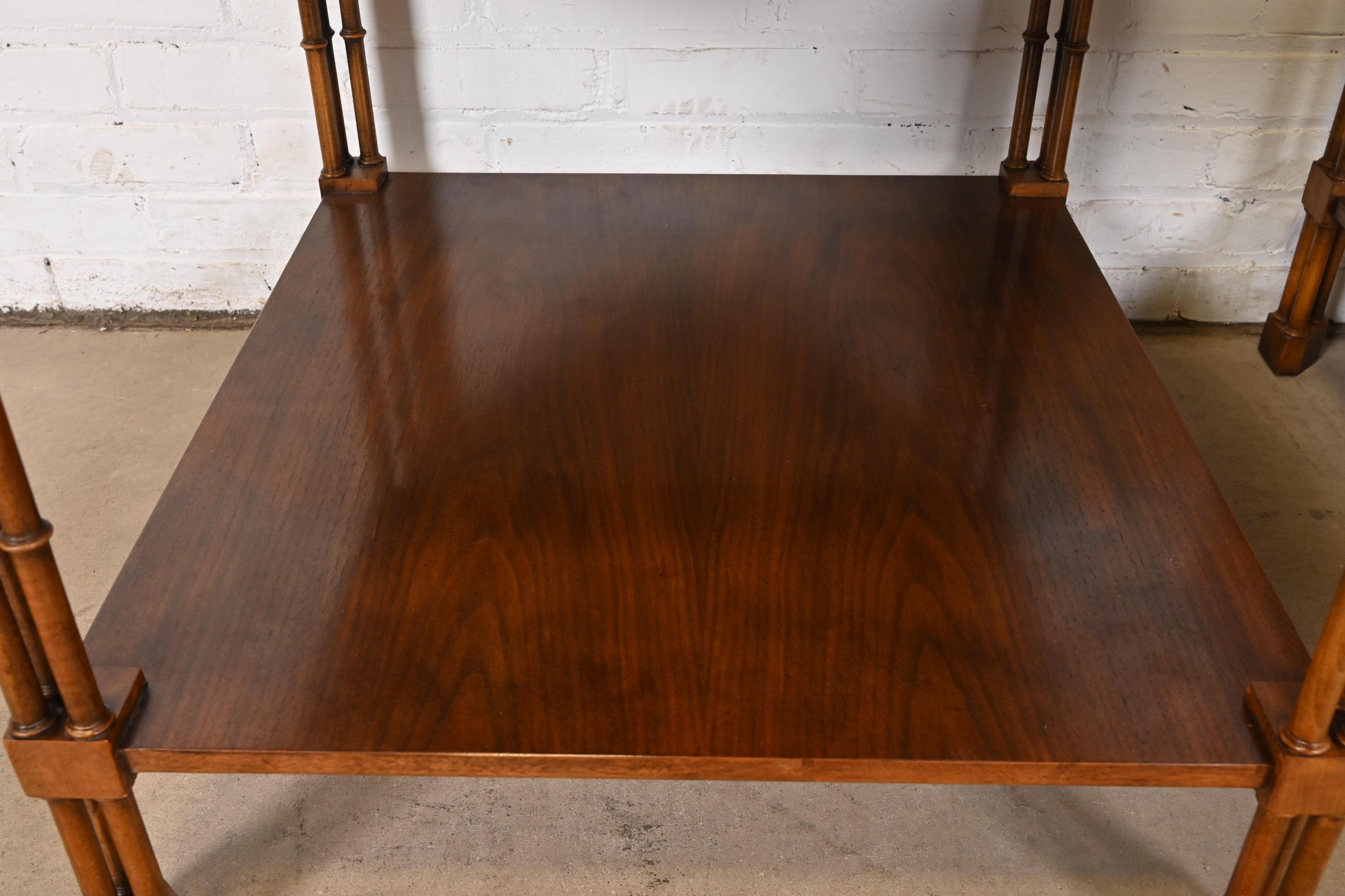 Baker Furniture Regency Burled Walnut Faux Bamboo Side Tables or Nightstands 3