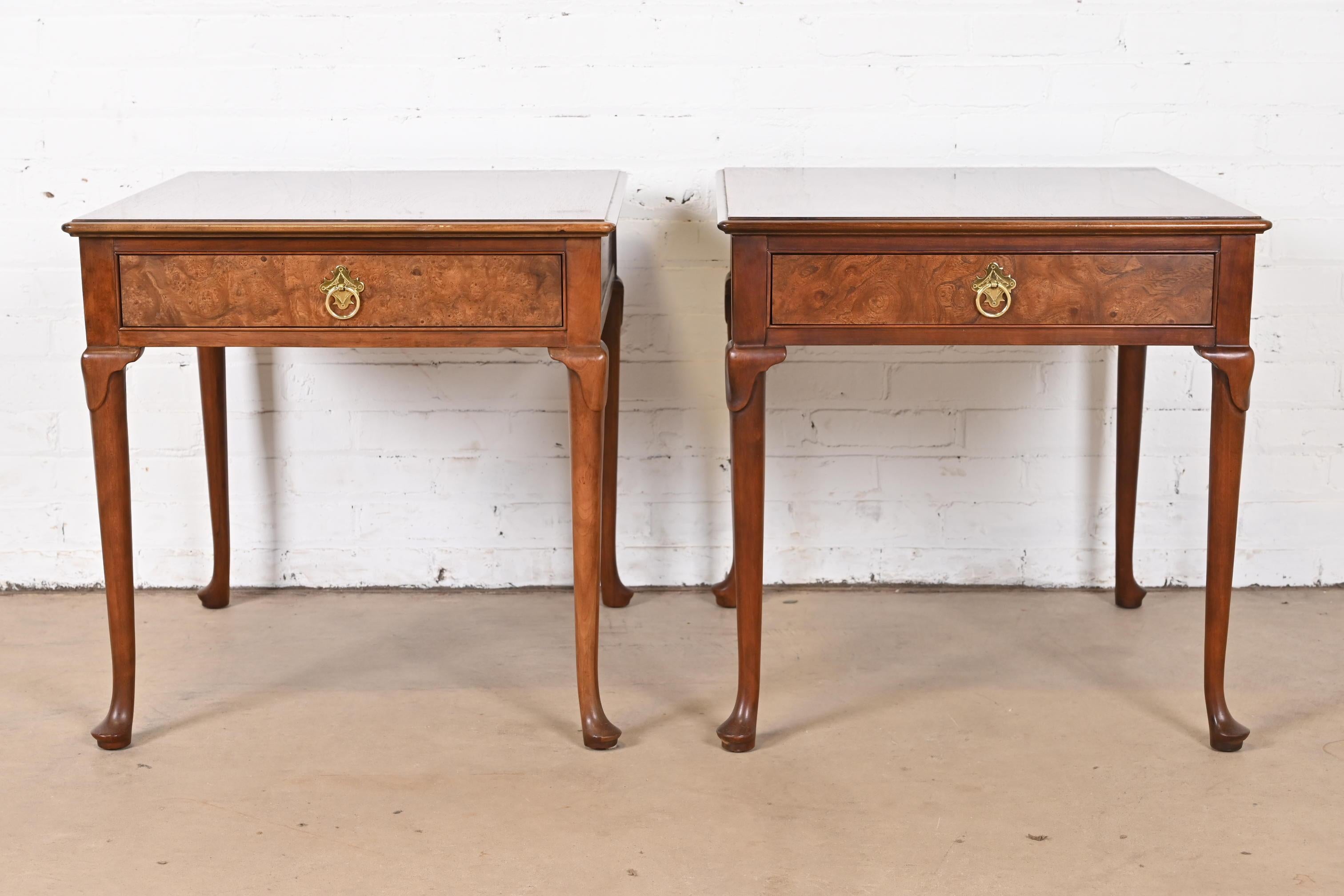 American Baker Furniture Regency Burled Walnut Nightstands or Side Tables, Pair For Sale