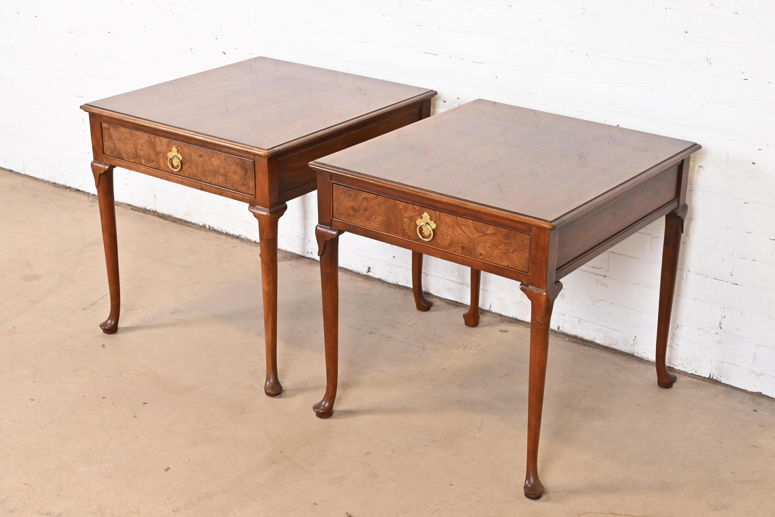 Baker Furniture Regency Burled Walnut Nightstands or Side Tables, Pair In Good Condition For Sale In South Bend, IN