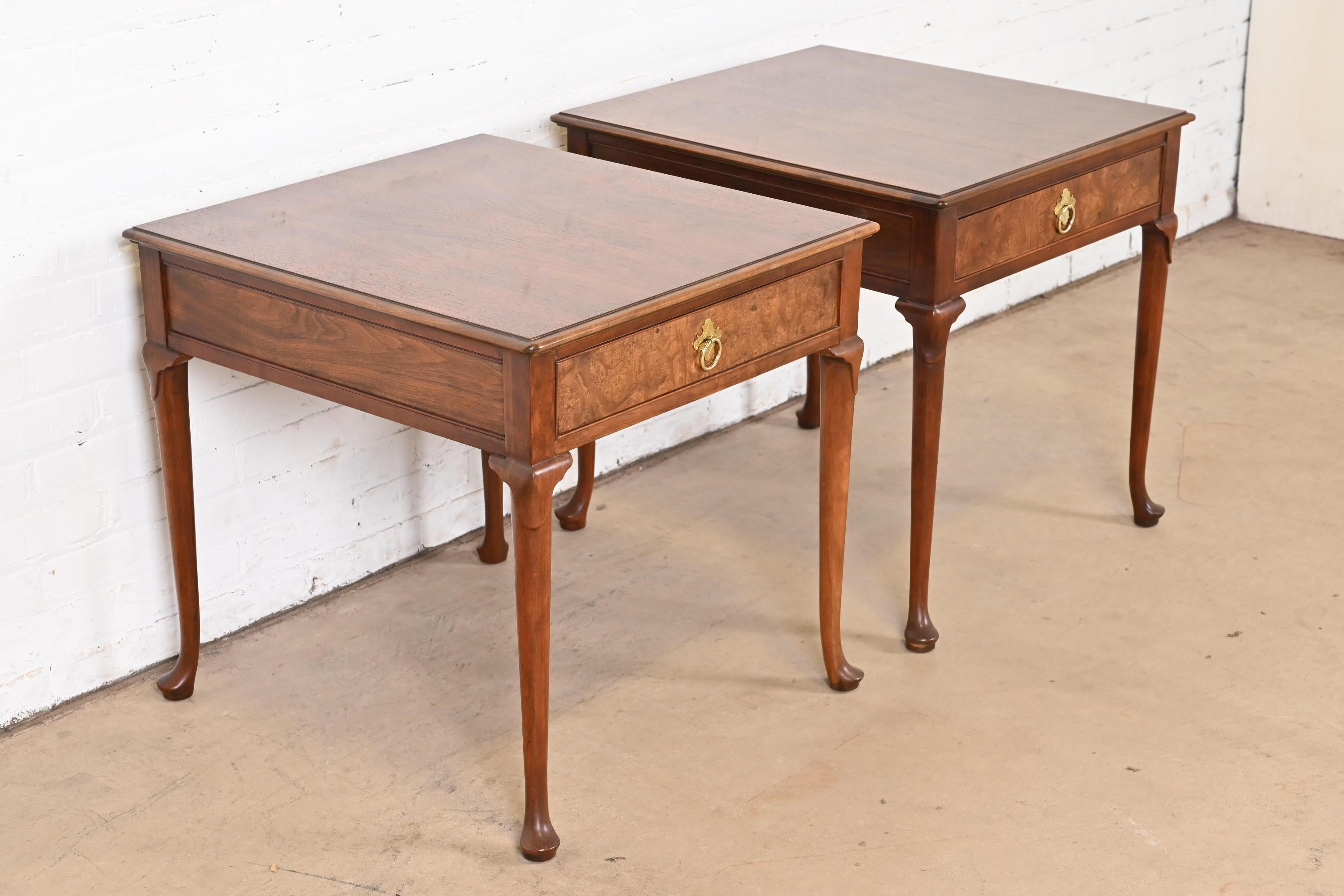 Brass Baker Furniture Regency Burled Walnut Nightstands or Side Tables, Pair For Sale