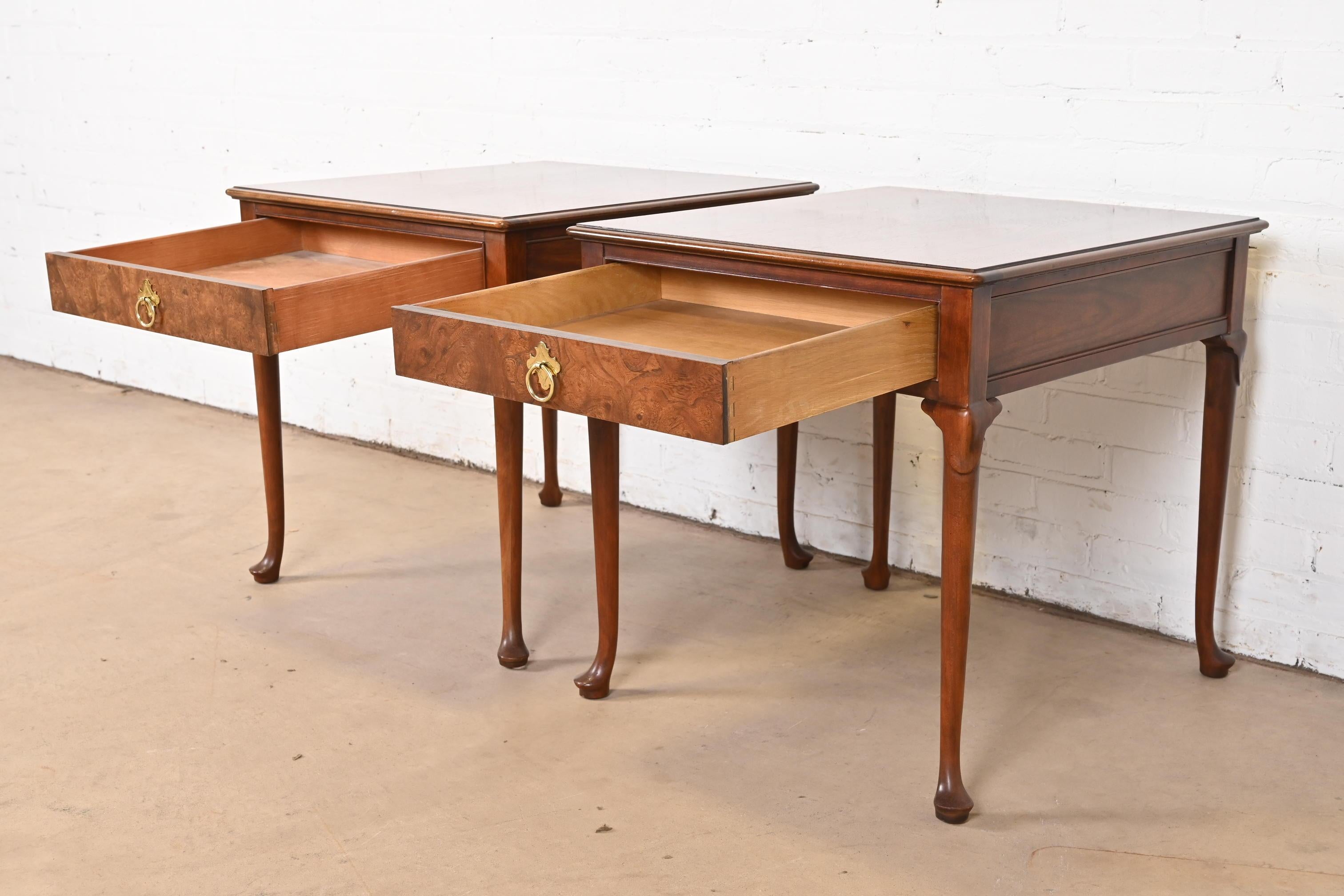 Baker Furniture Regency Burled Walnut Nightstands or Side Tables, Pair 3