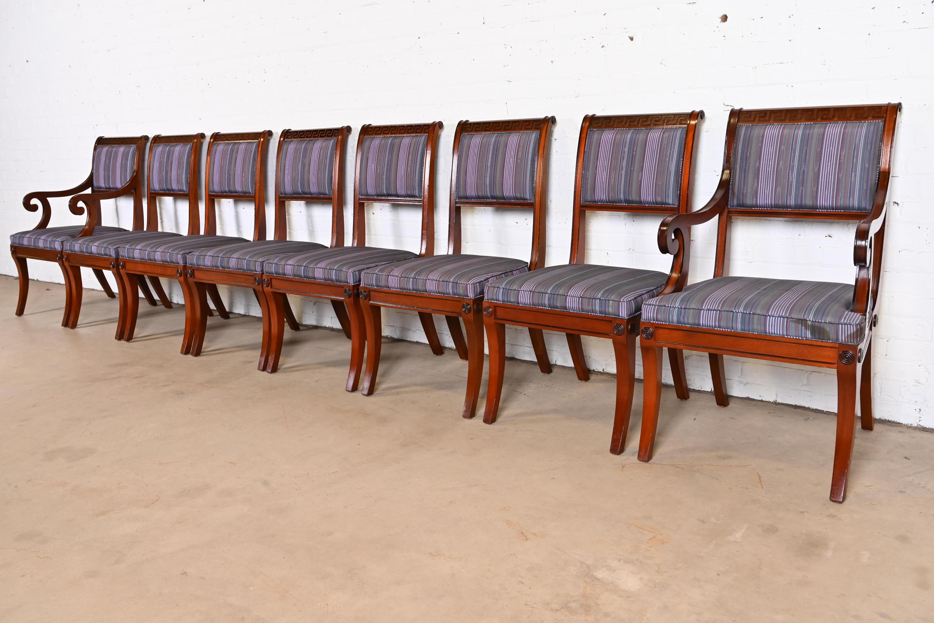Baker Furniture Regency Carved Mahogany Greek Key Dining Chairs, Set of Eight In Good Condition In South Bend, IN