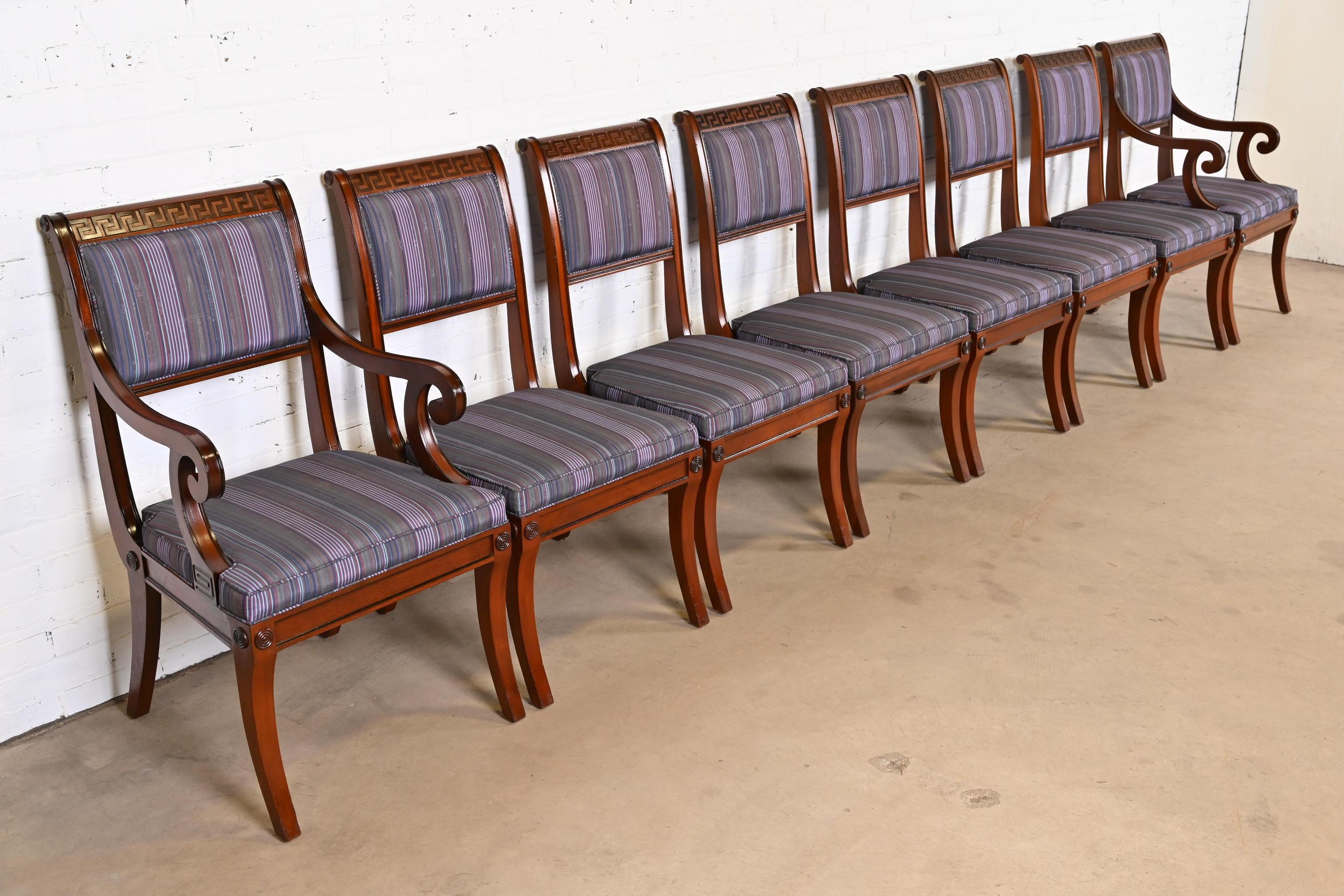 20th Century Baker Furniture Regency Carved Mahogany Greek Key Dining Chairs, Set of Eight