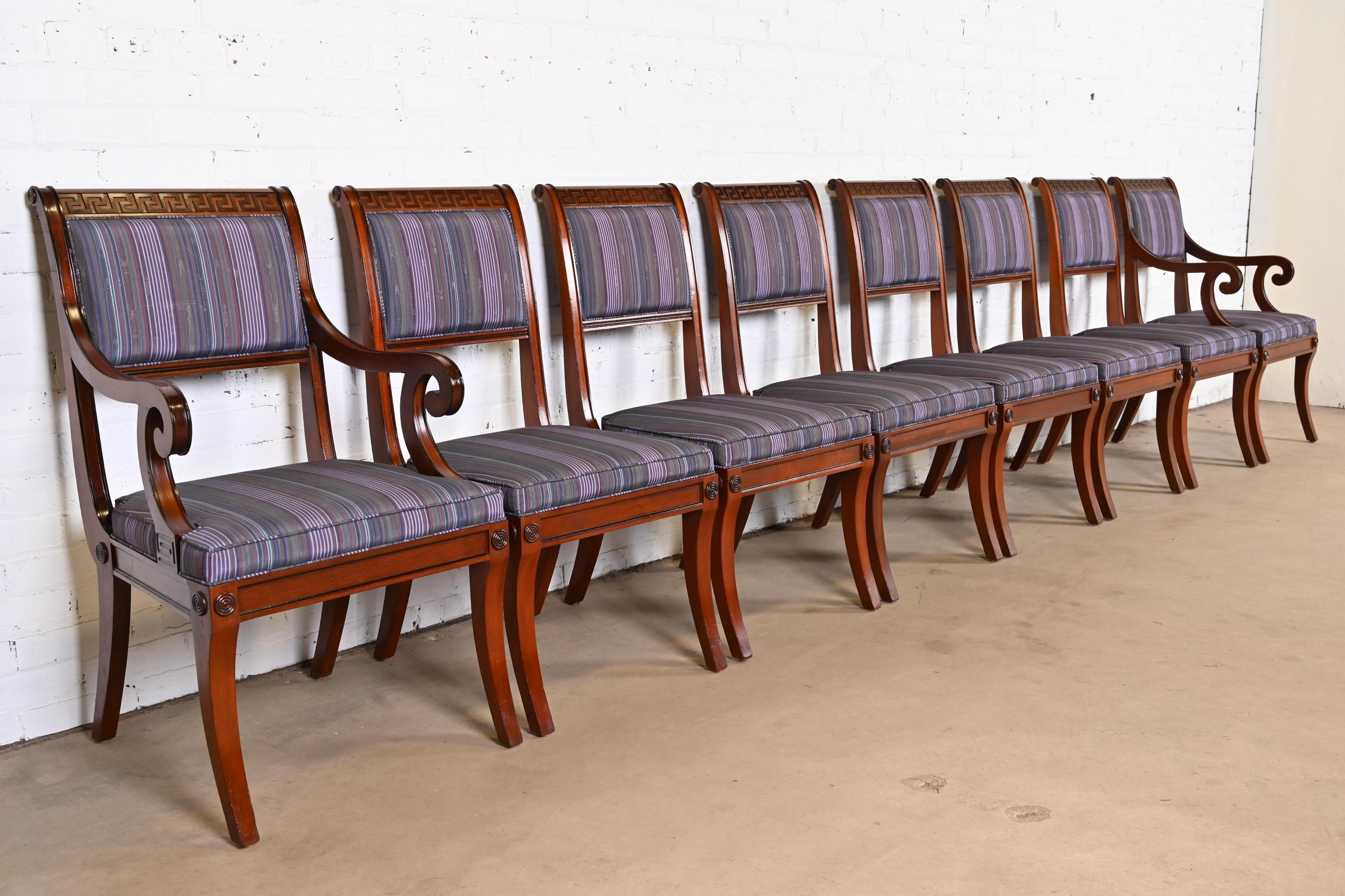 Upholstery Baker Furniture Regency Carved Mahogany Greek Key Dining Chairs, Set of Eight