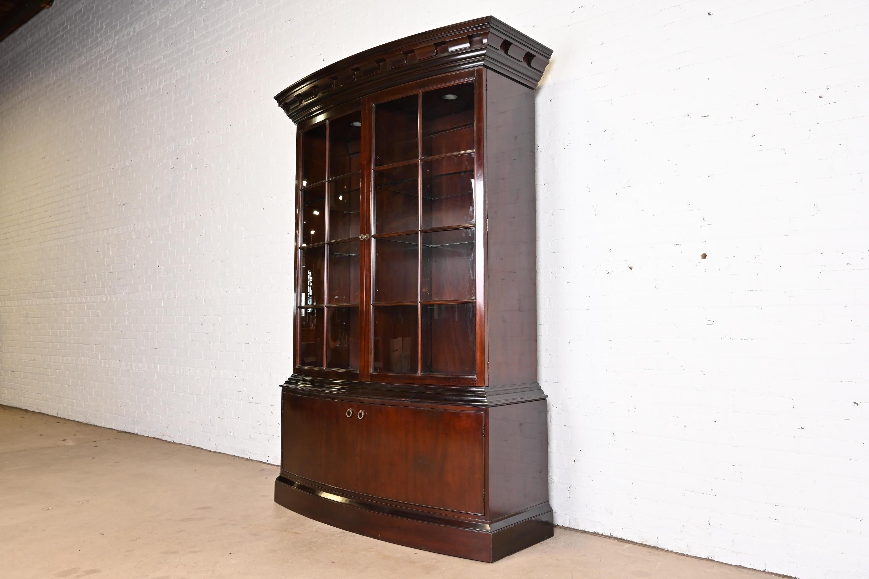 American Baker Furniture Regency Carved Mahogany Lighted Breakfront Bookcase Cabinet