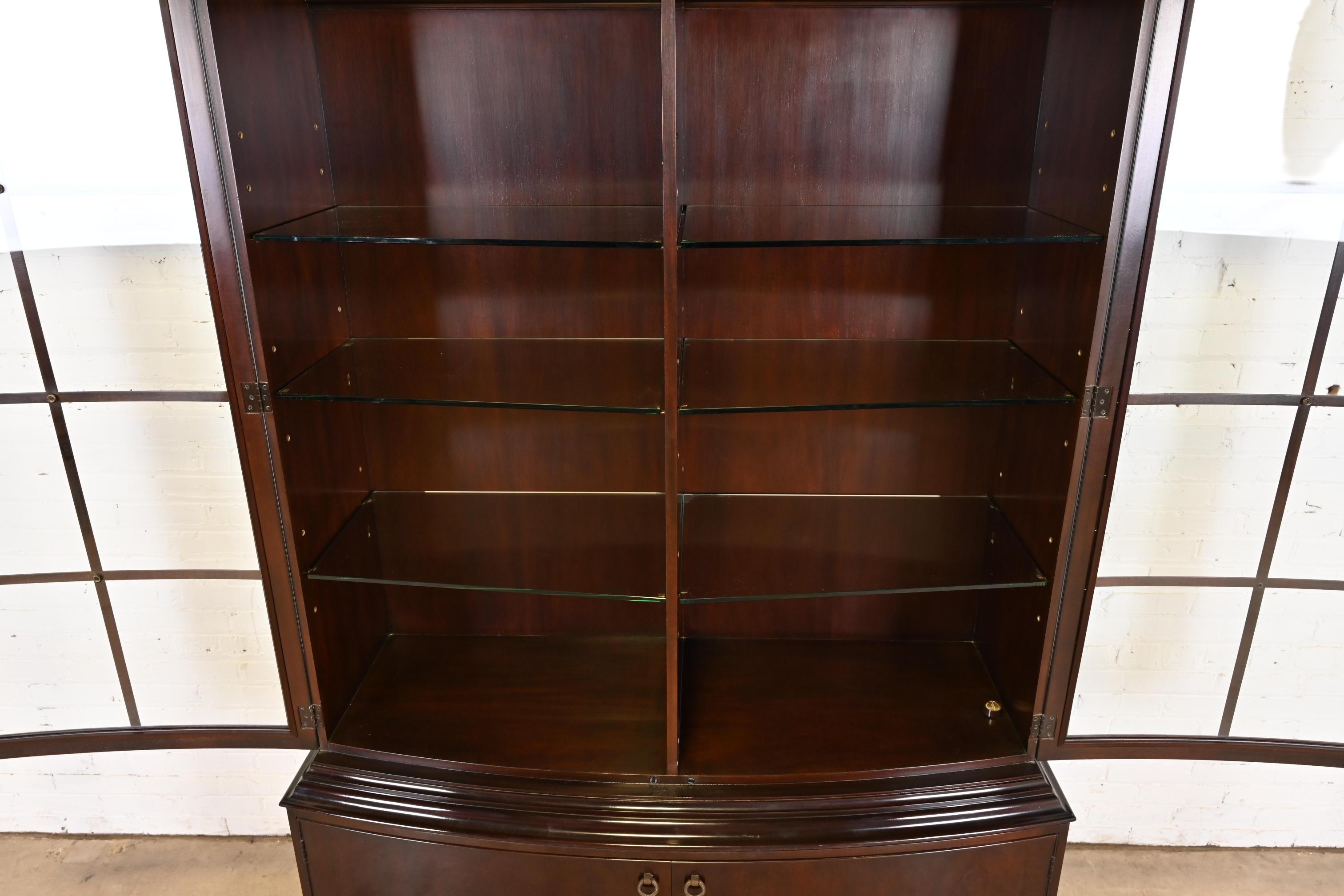 Brass Baker Furniture Regency Carved Mahogany Lighted Breakfront Bookcase Cabinet