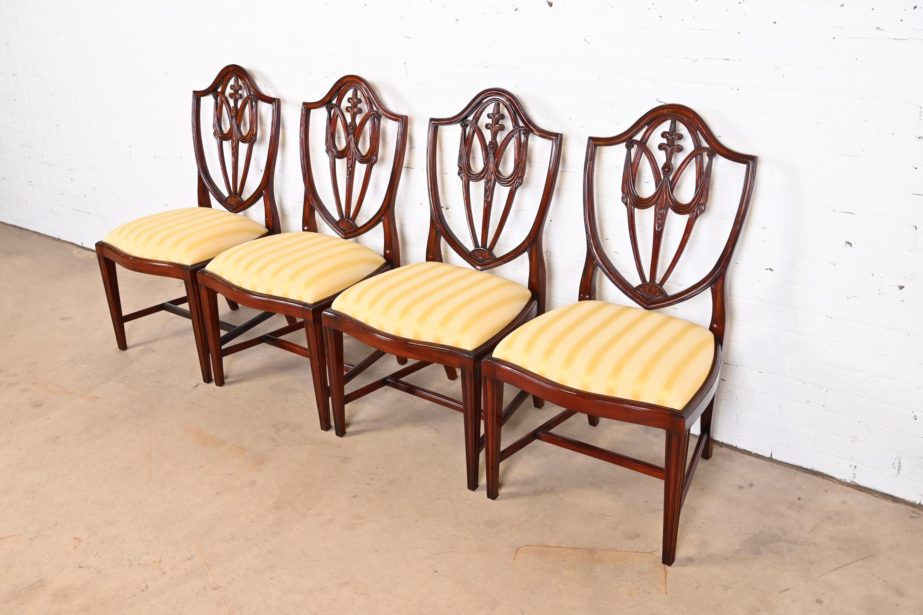 Baker Furniture Regency Carved Mahogany Shield Back Dining Chairs, Set of Four In Good Condition In South Bend, IN