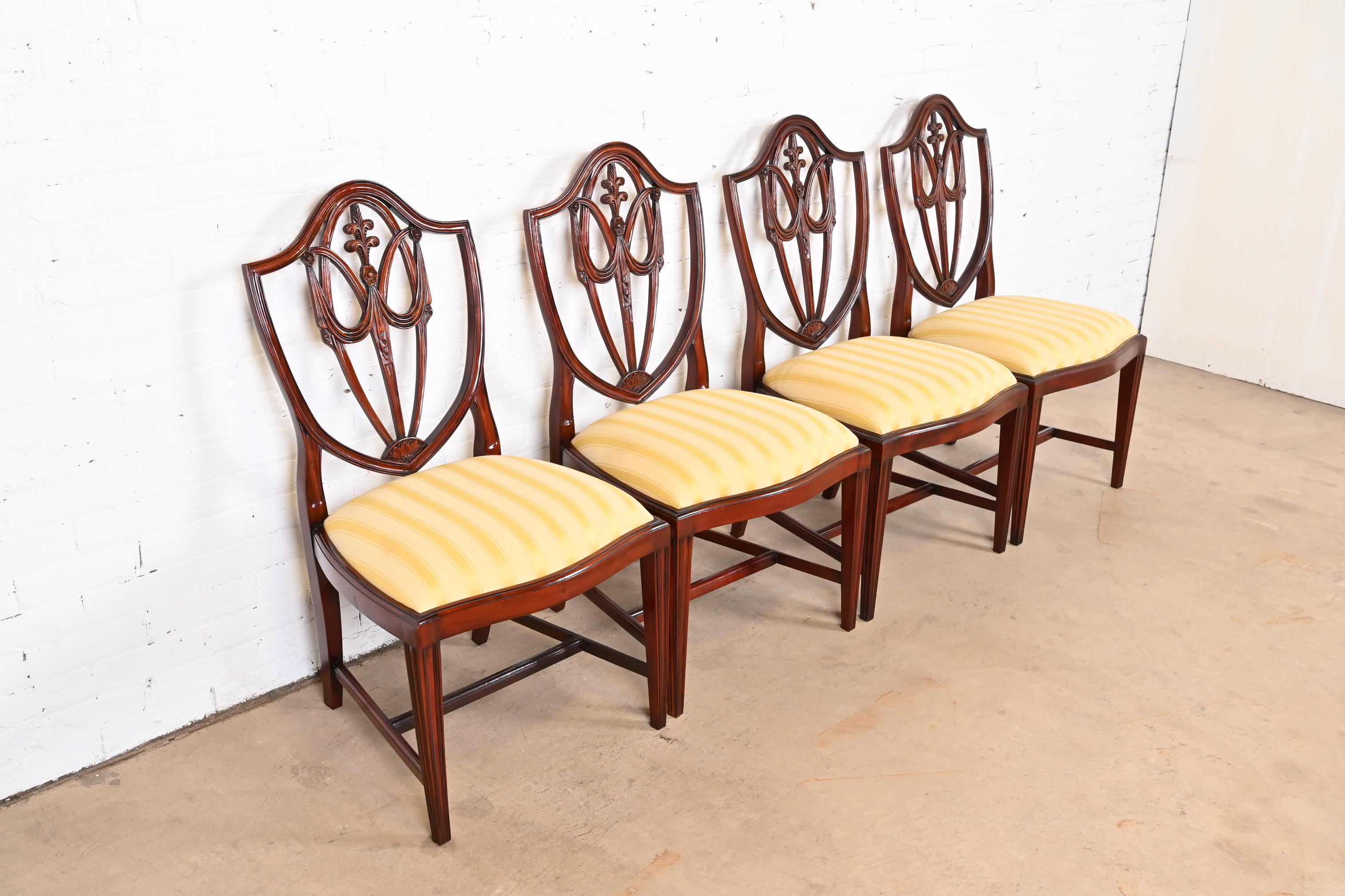 20th Century Baker Furniture Regency Carved Mahogany Shield Back Dining Chairs, Set of Four